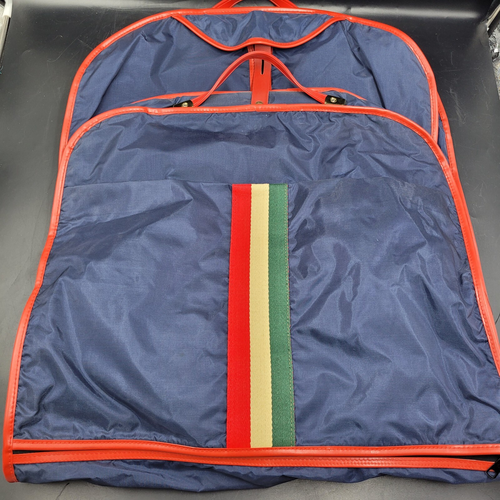 Vintage 1970’s Travel Garment Bag Canvas Vinyl Suite Bag Blue Red, White, Green