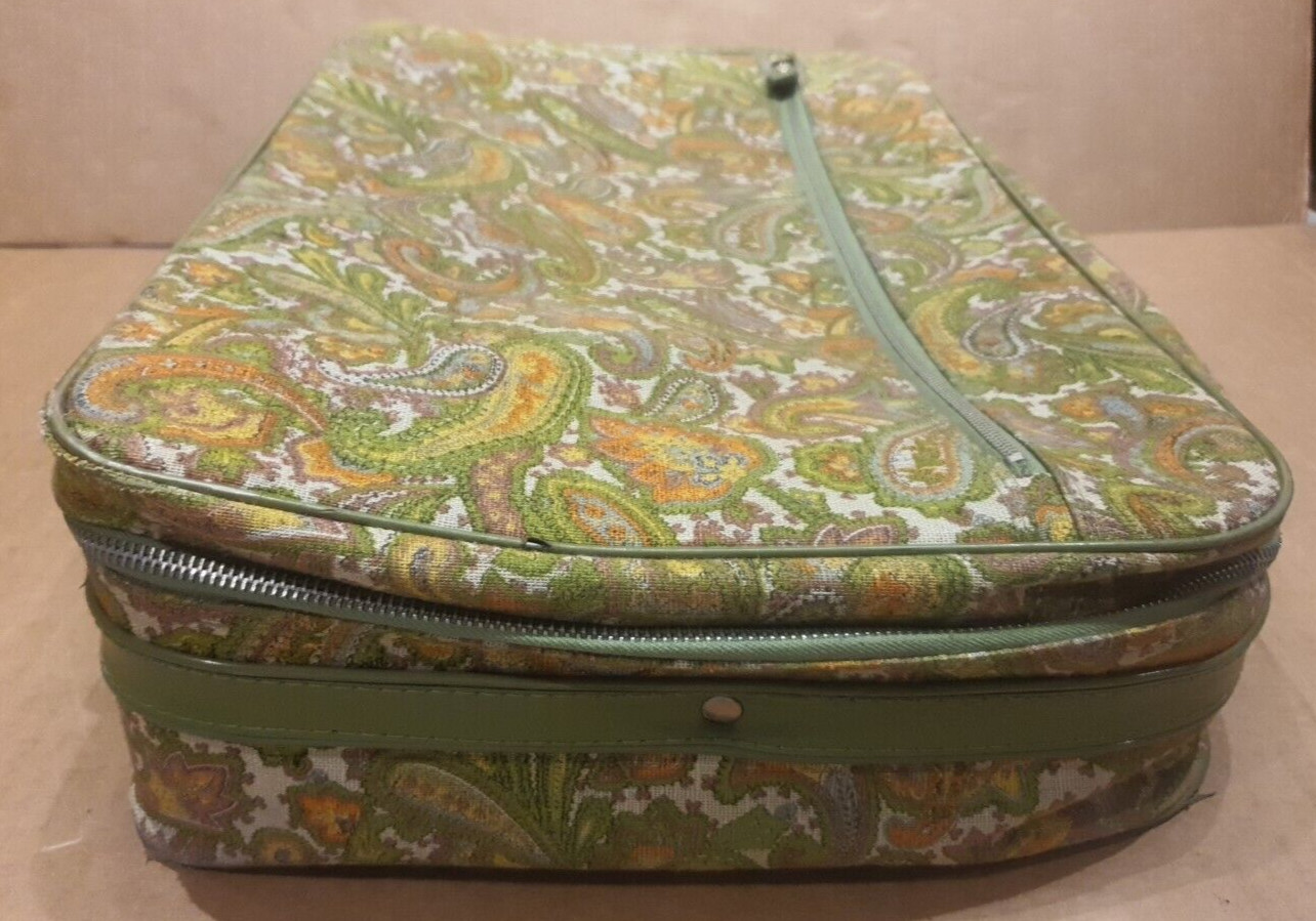 GENUINE – 1960’s K Line Suitcase Luggage Paisley Green Orange Canvas – BEAUTIFUL