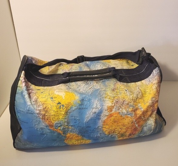 Vintage Travel Duffel Bag World Map On The Exterior Adjustable Strap & Handle
