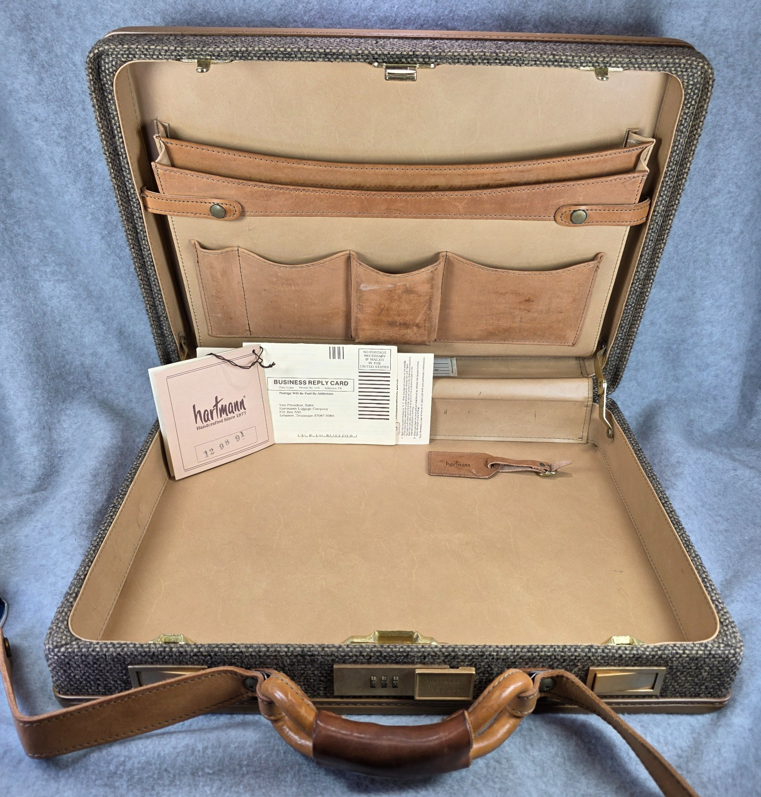 Vintage Hartmann Luggage Tweed Leather Belting Briefcase w/ paperwork
