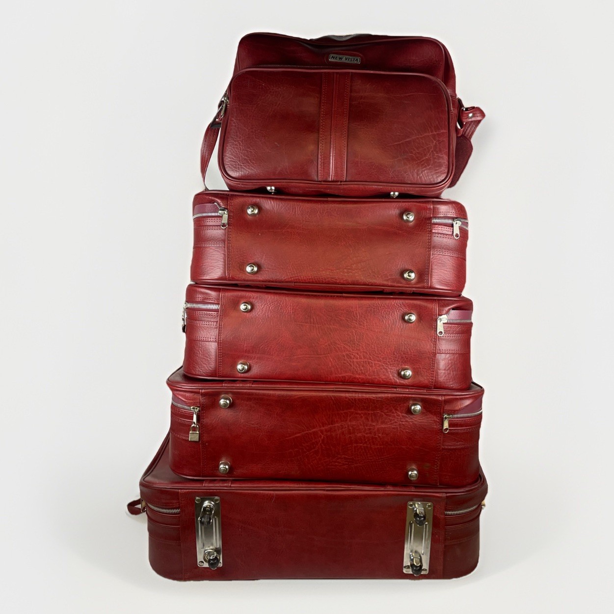 RARE 1970s Leather Luggage Burgundy Red 5 piece Set New Vista ~ Includes Keys!
