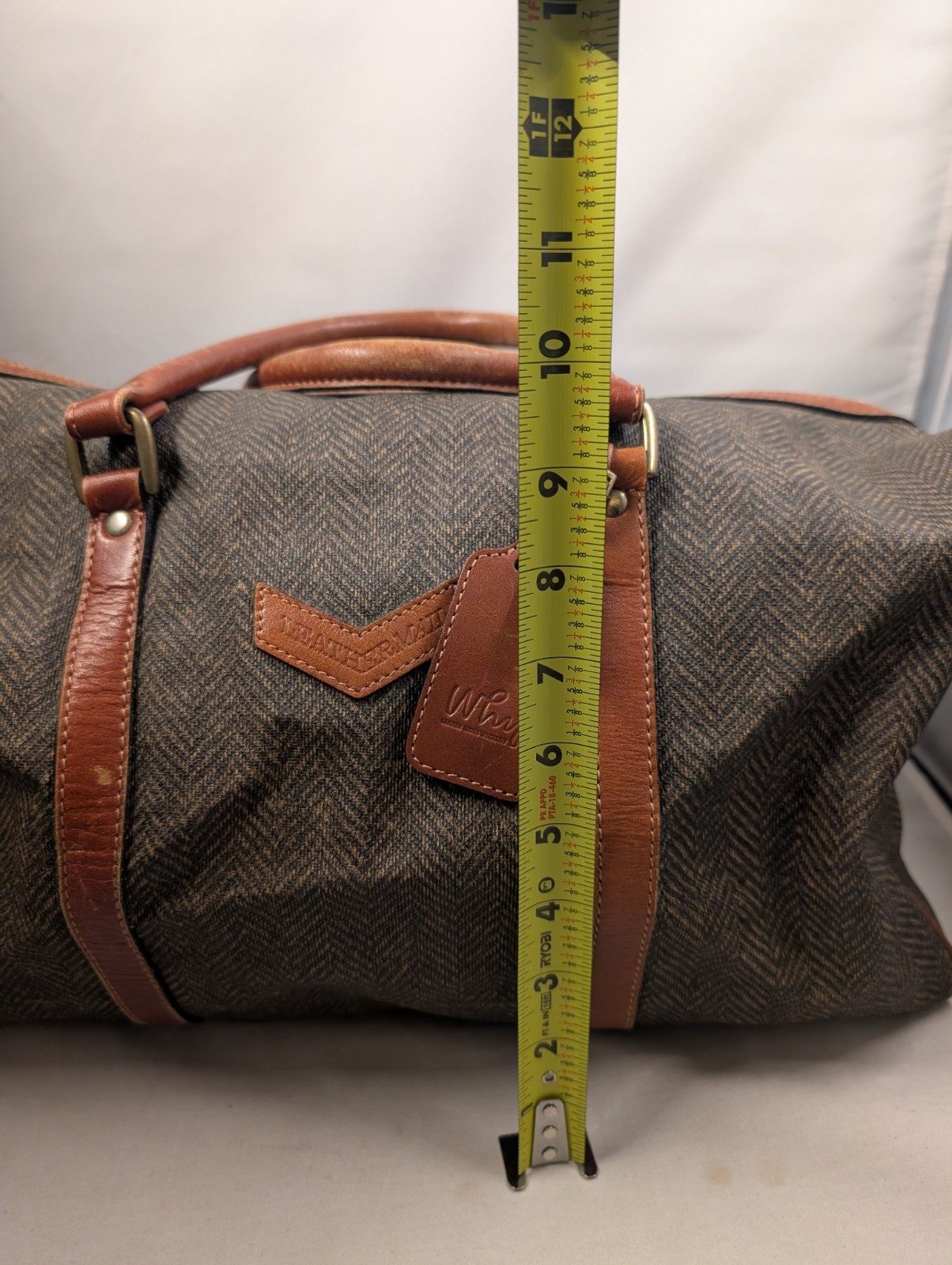 WHY Leather Mall Herringbone Duffel Bag Brown Tweed Weekender Leather Tote