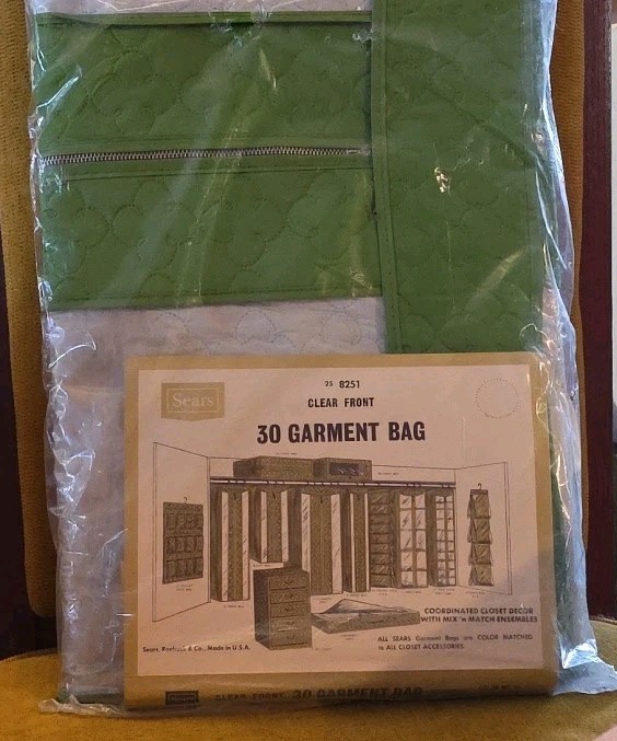 Sears Vintage “30 Garment Bag” Green Fabric Clear Front Vintage 60s NIP