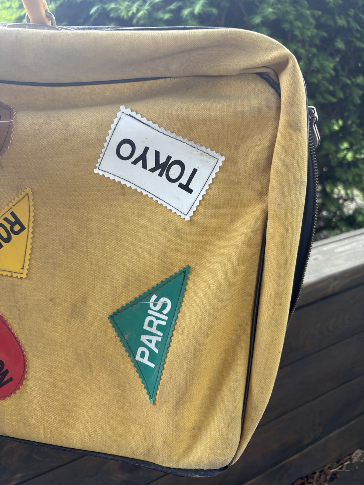 Vintage MCM Mod Yellow Suitcase Vinyl Destination Patches NY Rome Paris Tokyo