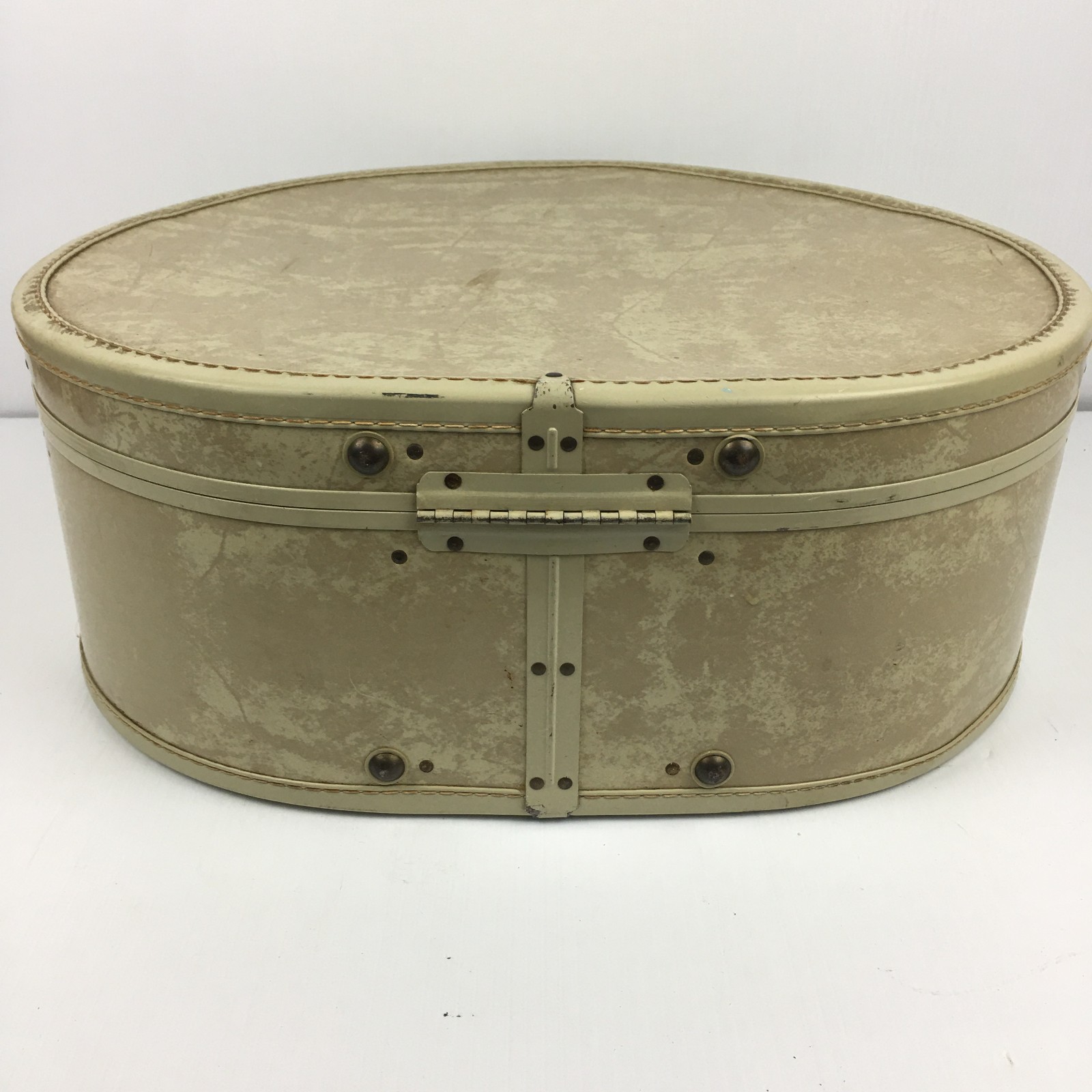 Vtg 18” Samsonite Shwayder 9420 Round Train Hat Box Suitcase Cream 1940s READ