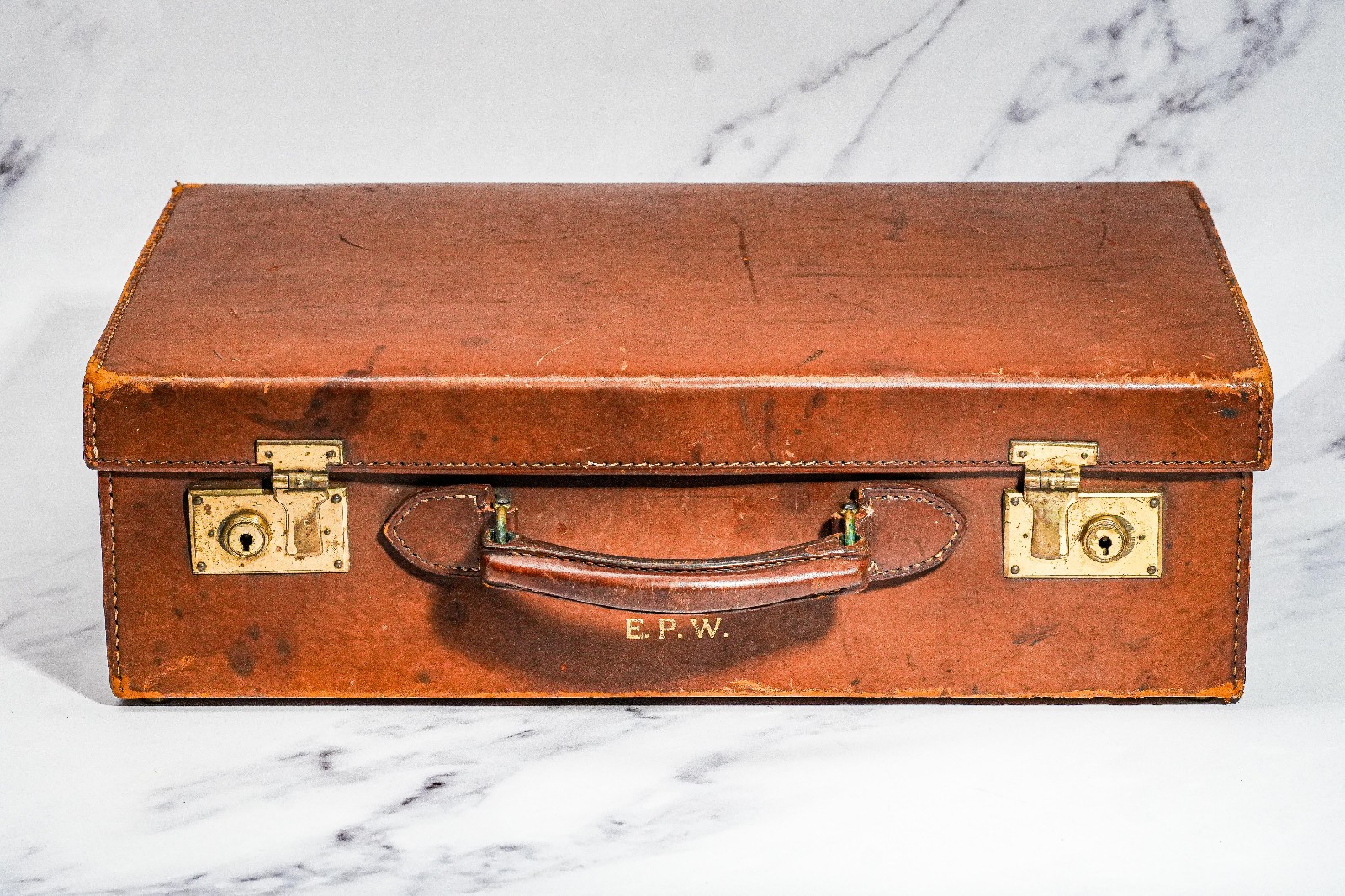 Wonderful Small Antique Leather Travel Suitcase Luggage Home Decor Prop