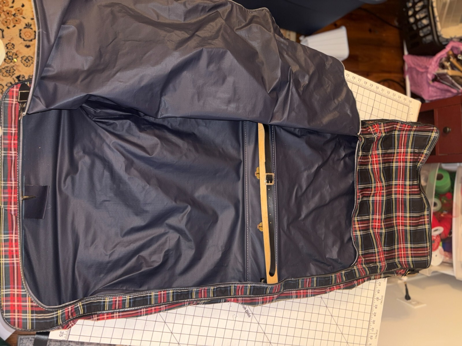 Vintage Tartan Plaid Hanging Suit Garment Bag – Leather Handle Original Hardware