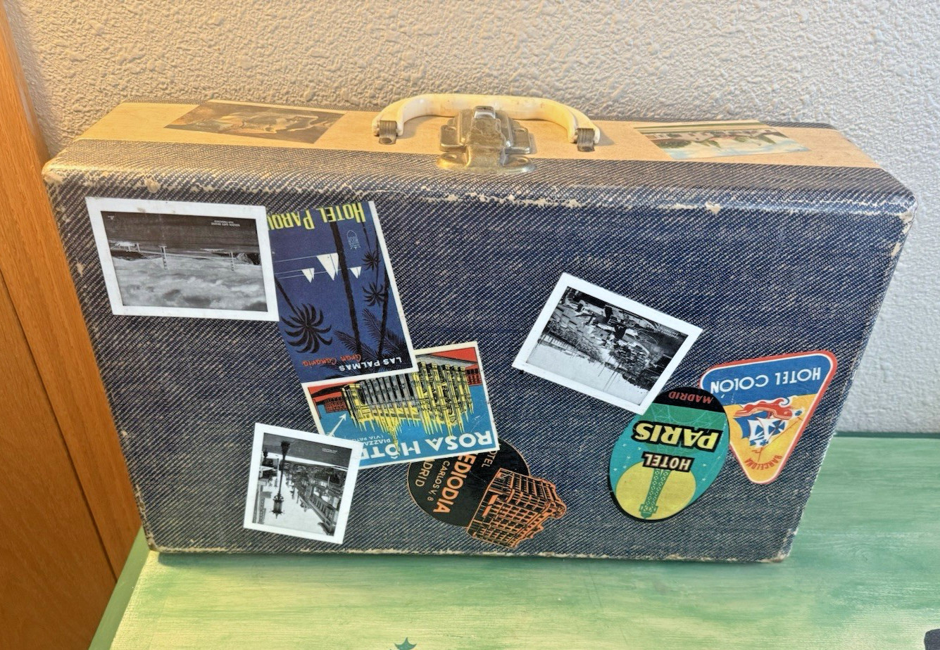 Vintage 1940s Travel Decal Suitcase W/ Paris & Yellowstone Labels Mid Century