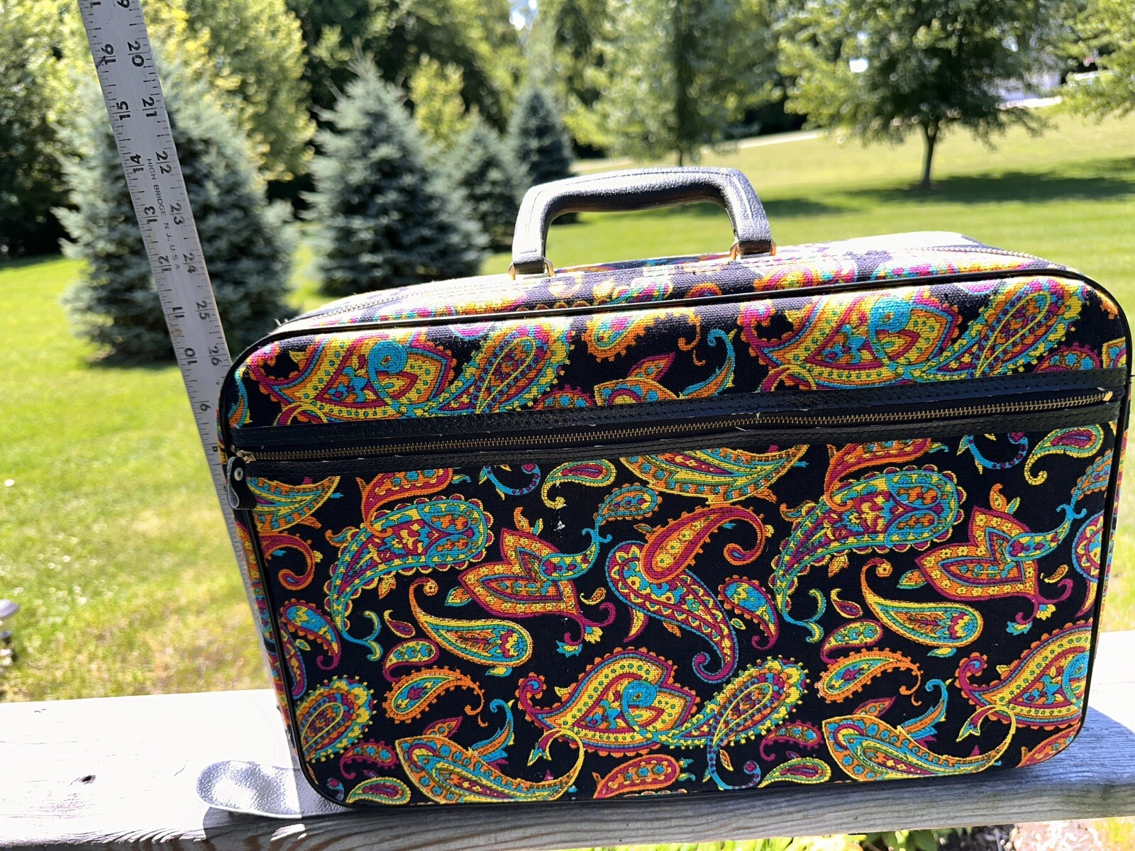 Vtg 60s Bantam Travelware Suitcase Luggage Paisley Mod Black Neon Canvas KEY