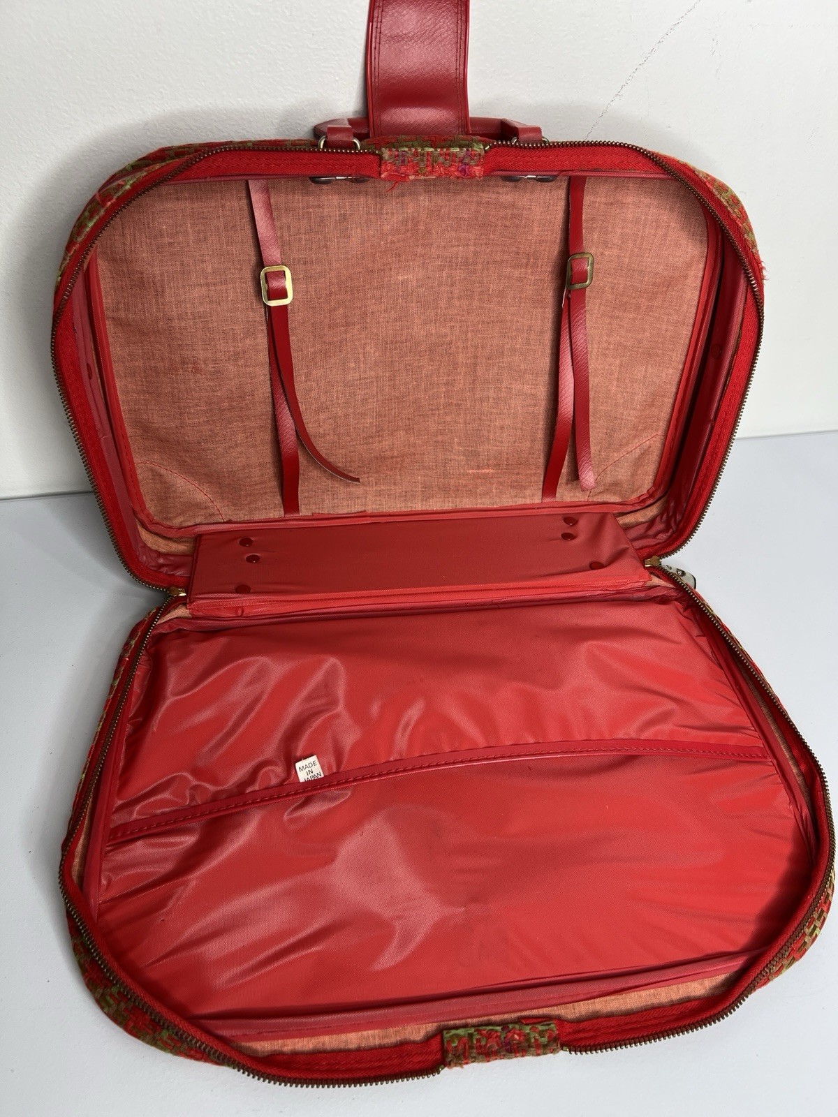 Vintage Suitcase Plaid Made in Japan Red Vinyl Pockets Zipper Retro Travel