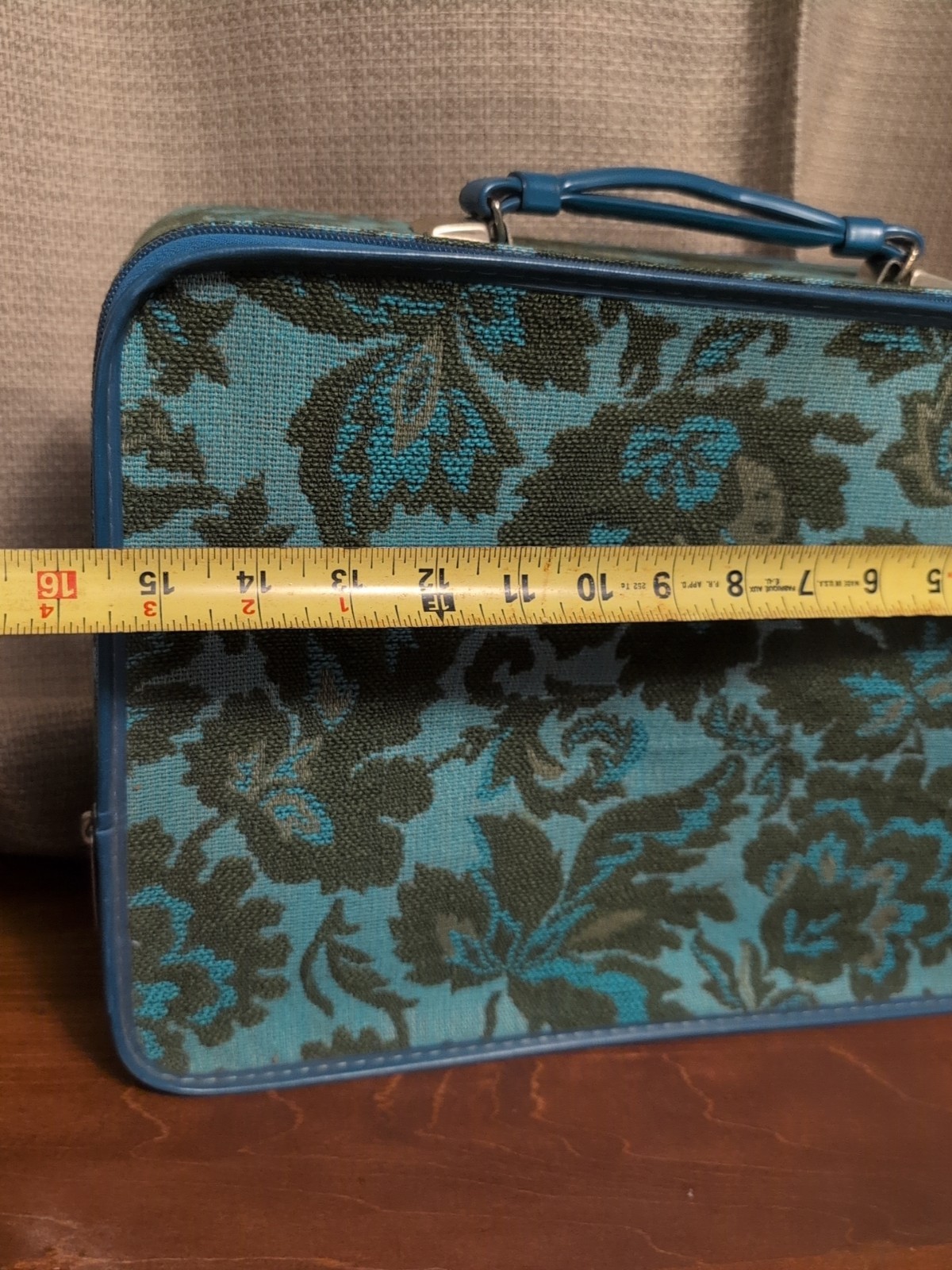 Avon 1970s Vintage Suitcase Turquoise Floral Tapestry Carpet Bag, Boho Hippie