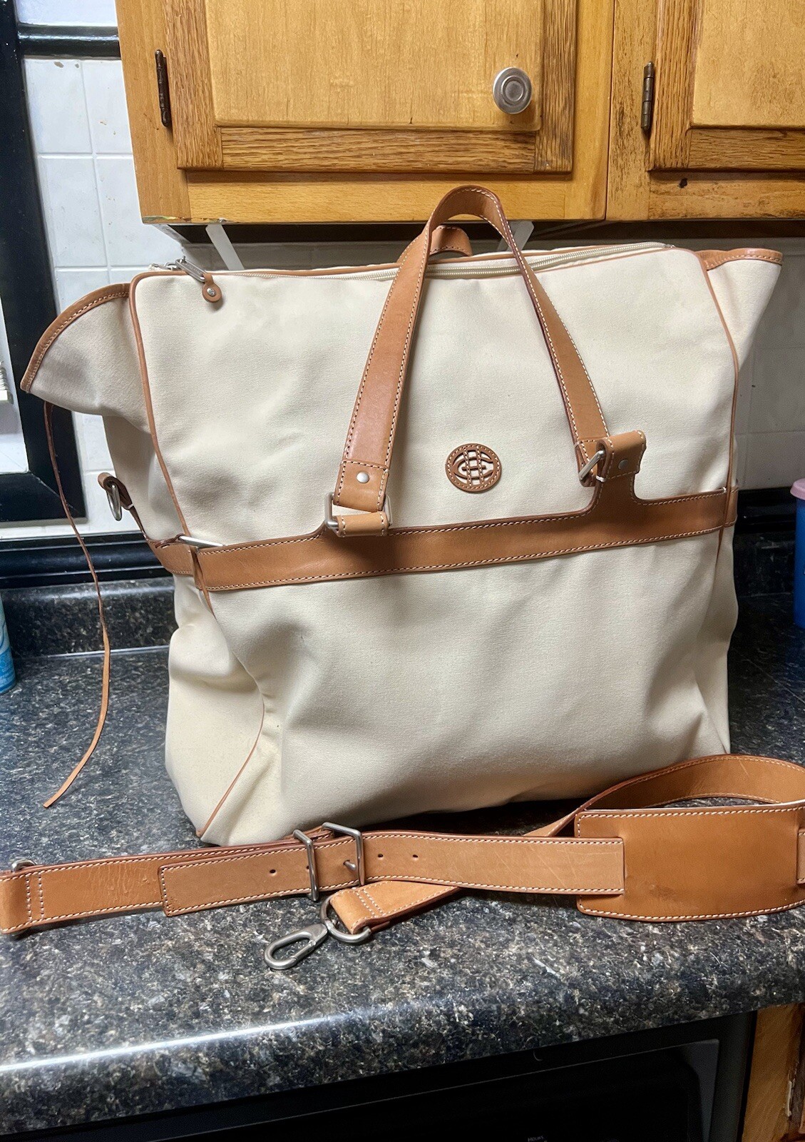 Cole Haan Extra Large Canvas Cotton w/ Leather Trim Cream Ivory Tote Travel Bag