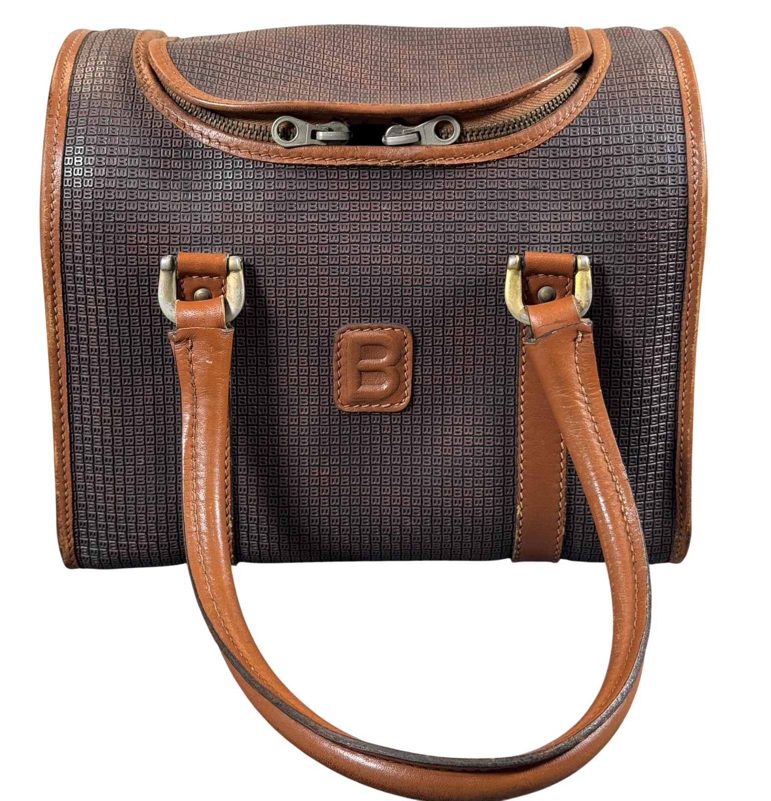 Bally Style PVC Leather Bag Brown Leather Trim Top Handle Satchel