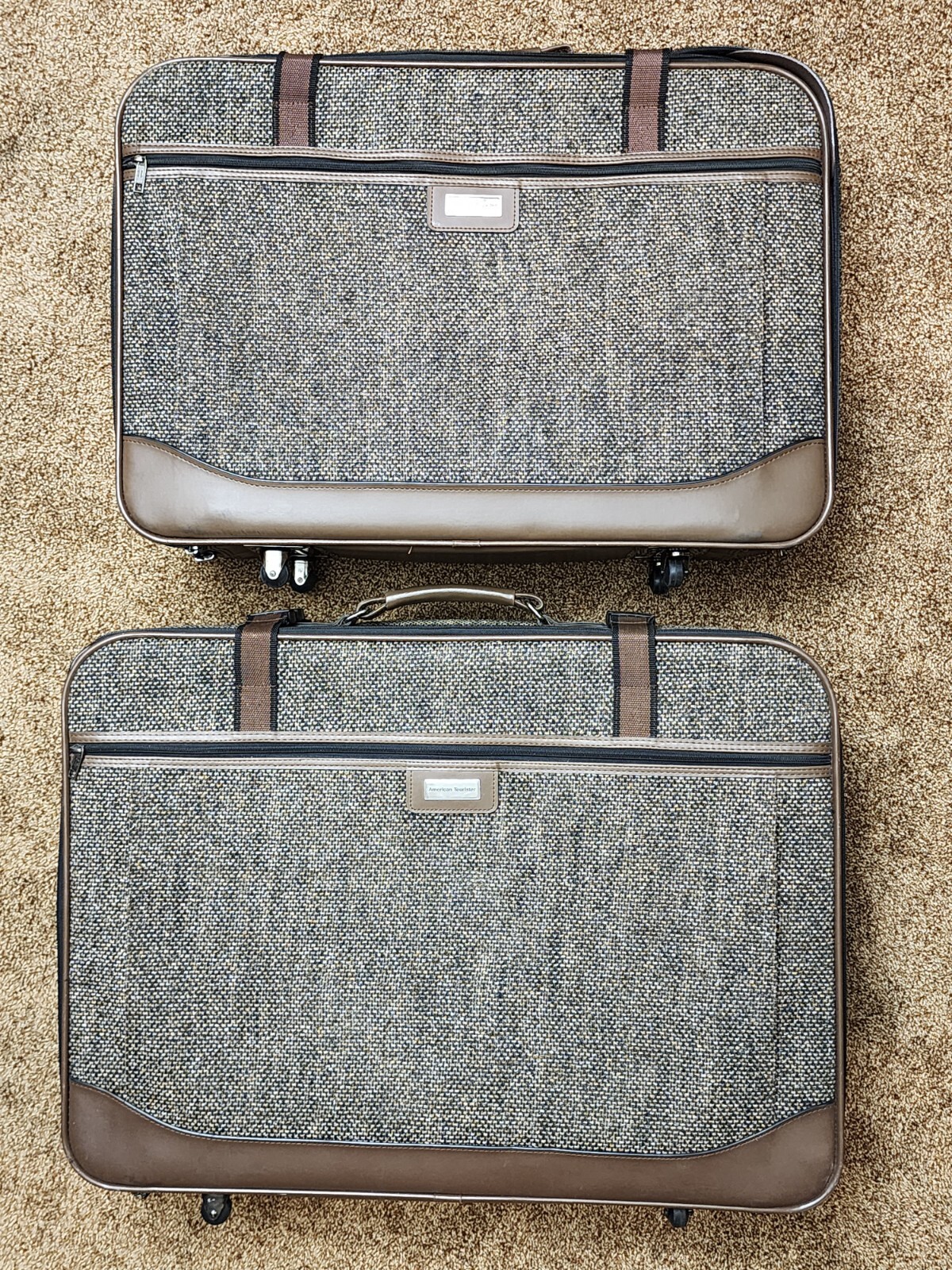 Vintage American Tourister Luggage Soft Canvass Brown Set of 2 Wheeled