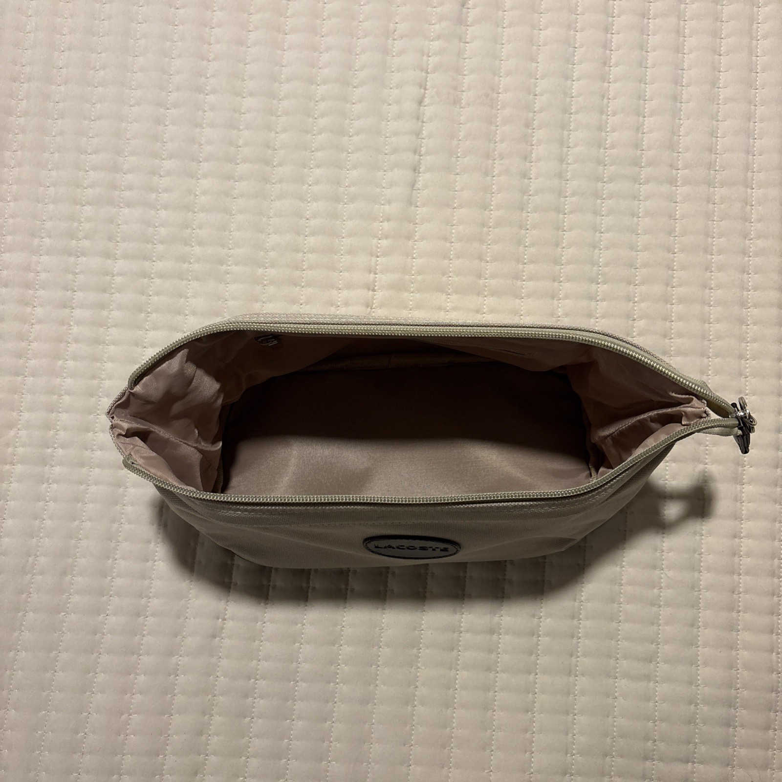 Lacoste Toiletry Cosmetics Bag Full Zip Tan Beige inner zipper/pocket