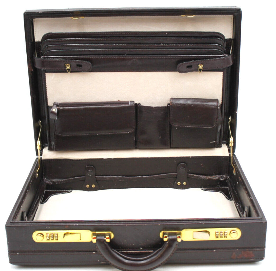 Thick 5x13x18″ Vtg Dark Maroon Leather Briefcase Combination Lock Padded Expand