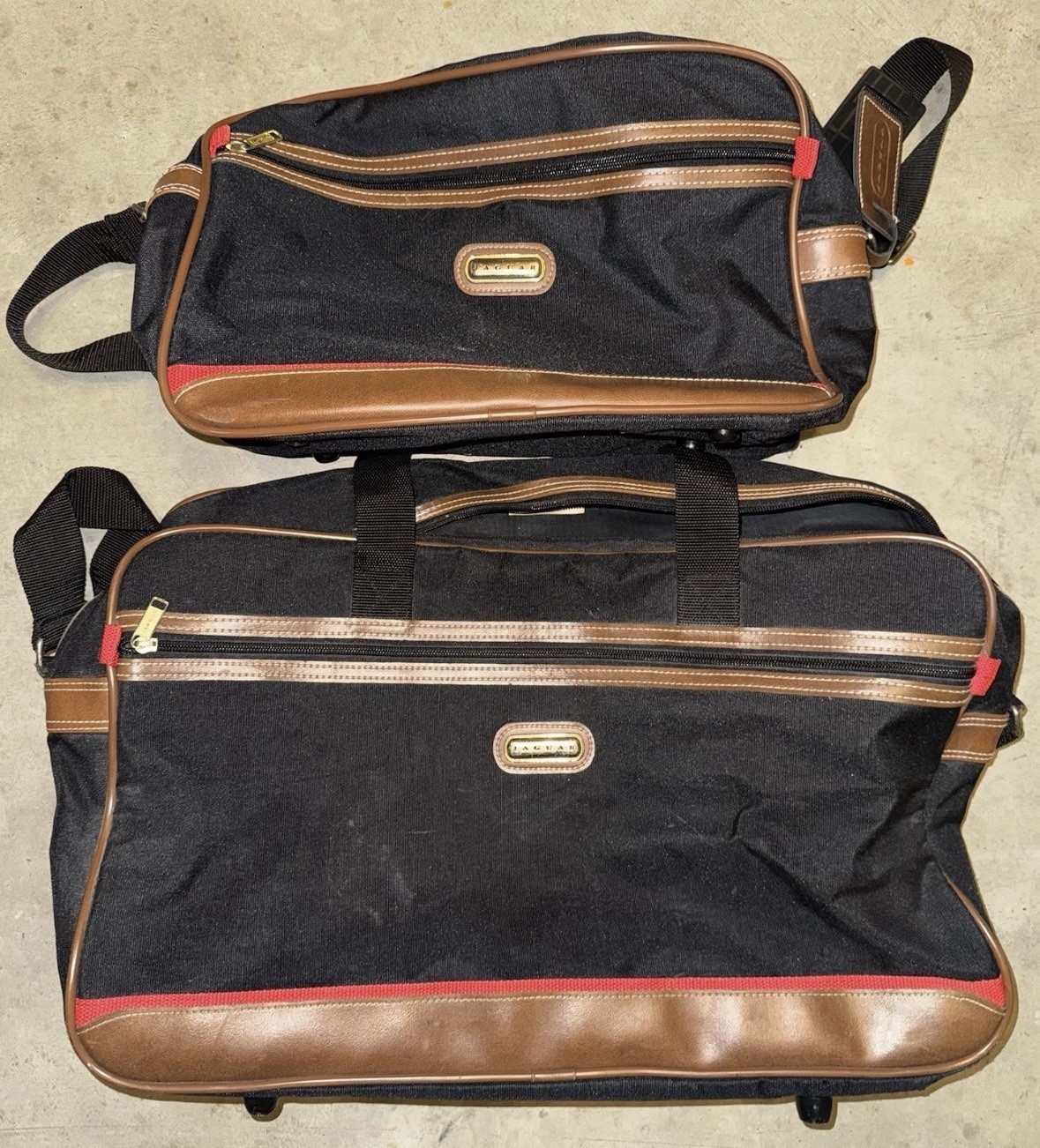 Jaguar Luggage Travel Bag Overnight Weekender Black With Brown Leather. 2 Pcs.
