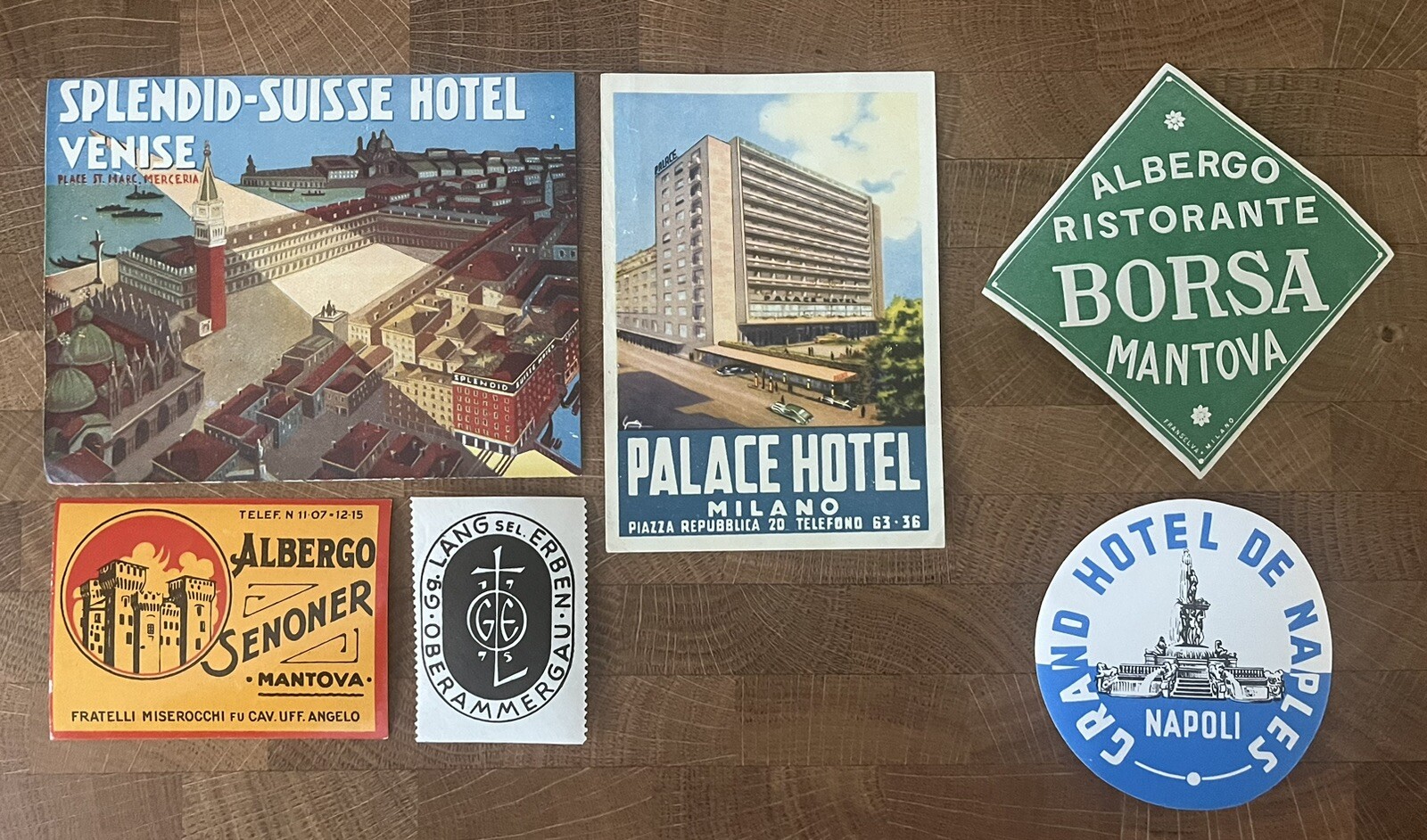 1950s Lot of Europe Luggage Hotel Tag Stickers, 6 Total (Group C)