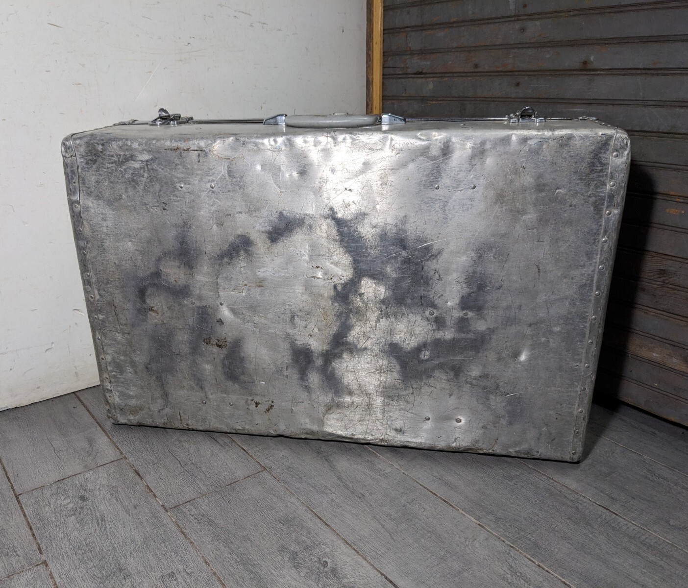 Vintage Machine Age Industrial Riveted Aluminum Travel Suitcase Trunk Steampunk