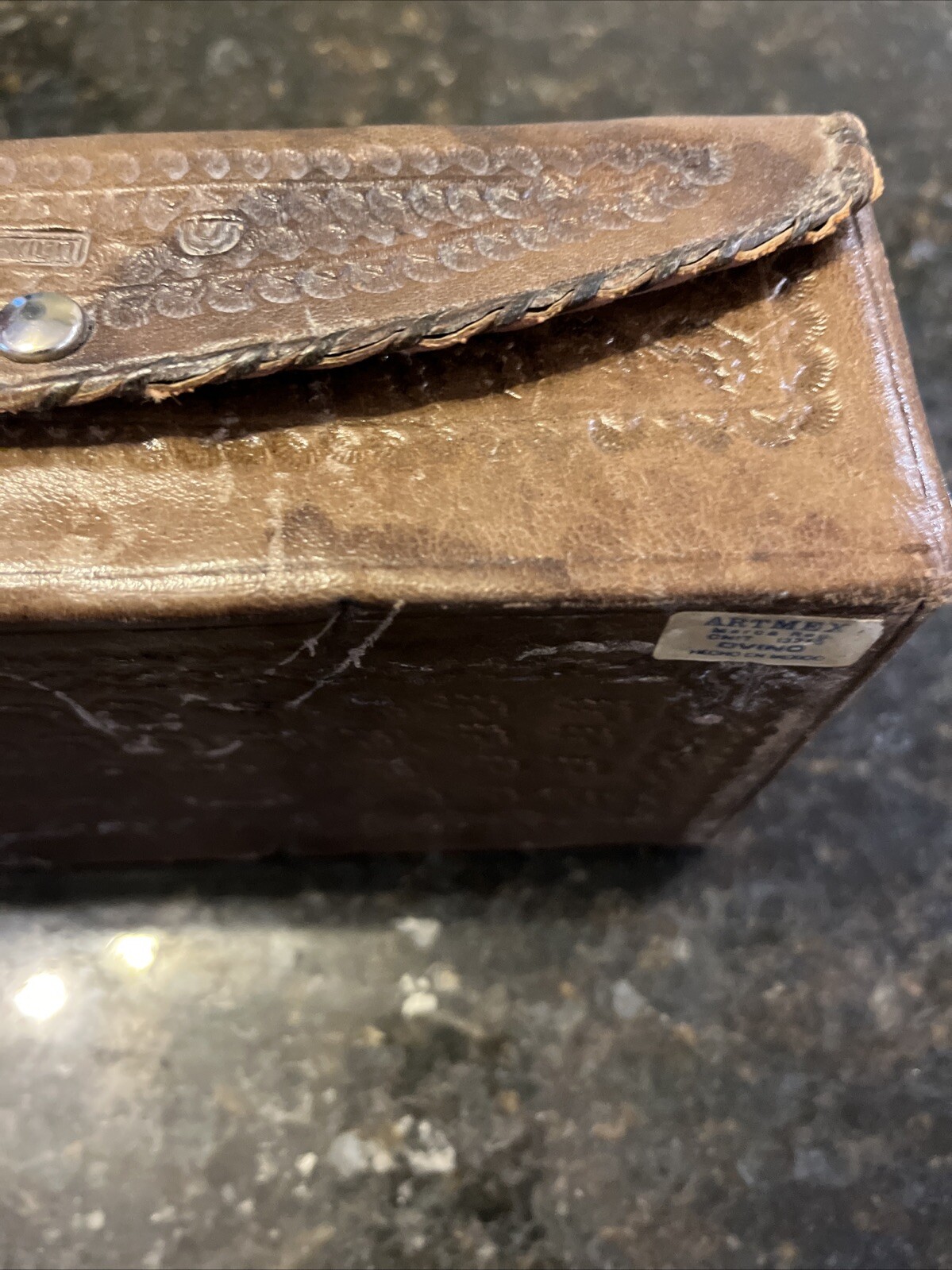 Artmex Vintage Brown Leather Aztec Jewelry Box with snap 8″ long x 5″ wide x 3″