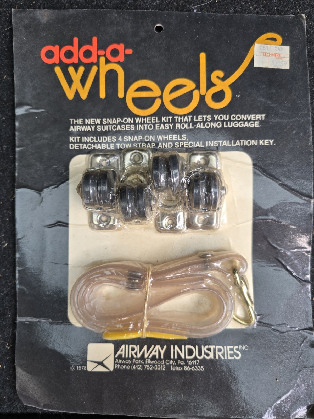 1978 Add-a-Wheels Kit Airway Industries NEW Old Stock Luggage Wheels Tow Strap