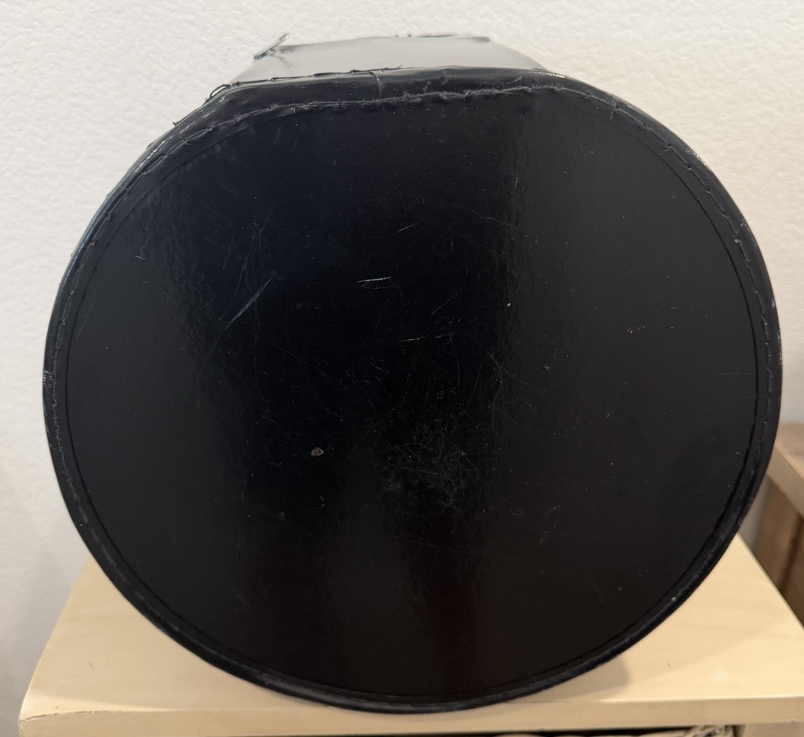 Vtg Black Swift PATENT Wig HAT Box Travel Case With HANDLE Round 13”Larger