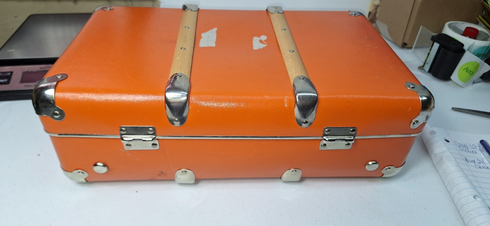 Vtg Orange Luggage Over Night Suitcase 14x9x5 Pressed Cardboard