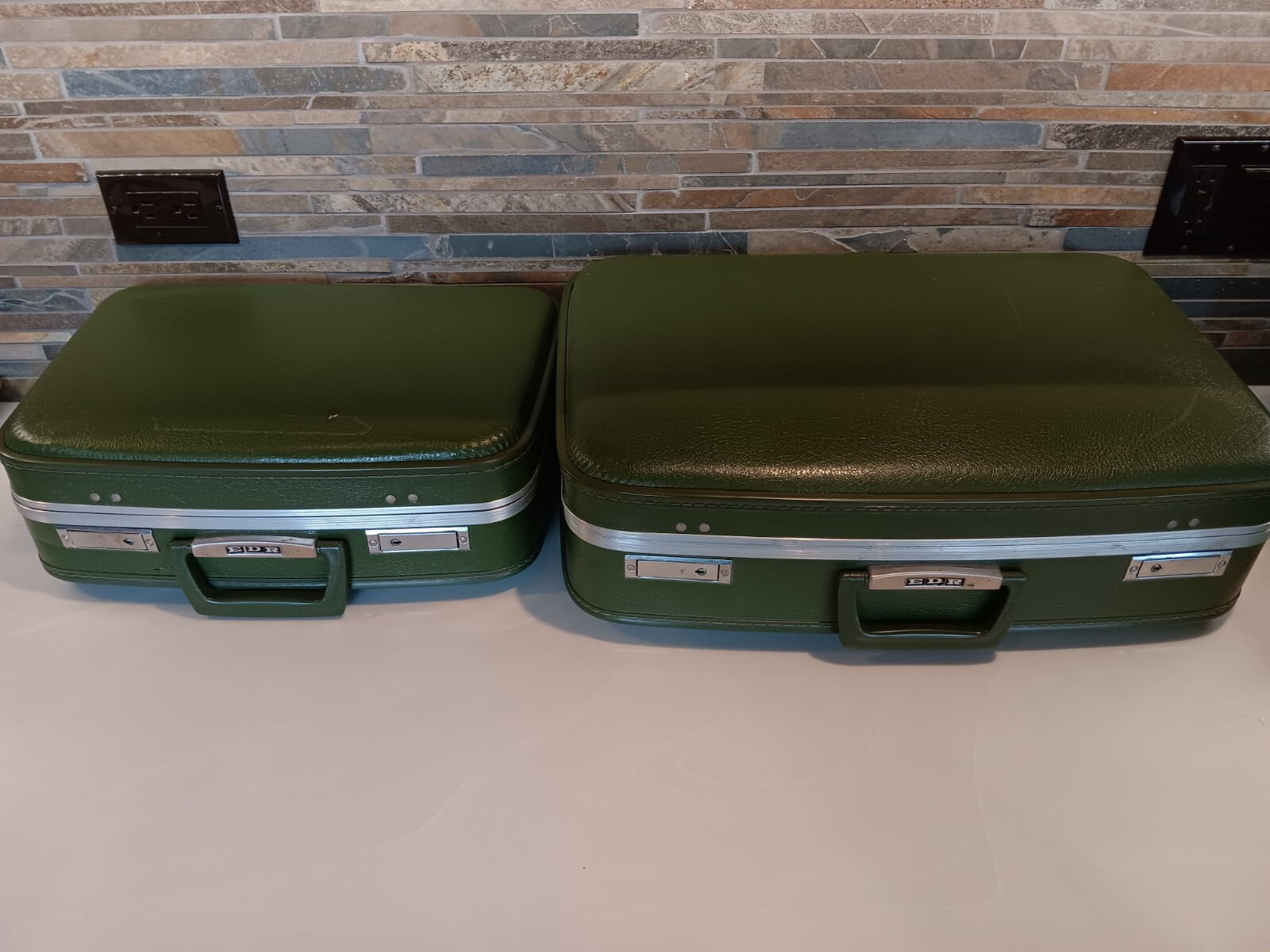 Vintage Avocado Green 2 Piece Nesting Luggage 1960s Hardshell. Initialed EDR.