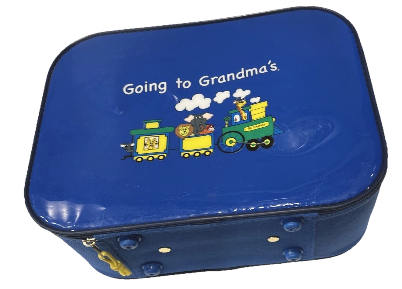 VTG Blue Going to Grandmas Kids Suitcase Mercury Luggage Animal Circus Train SEE