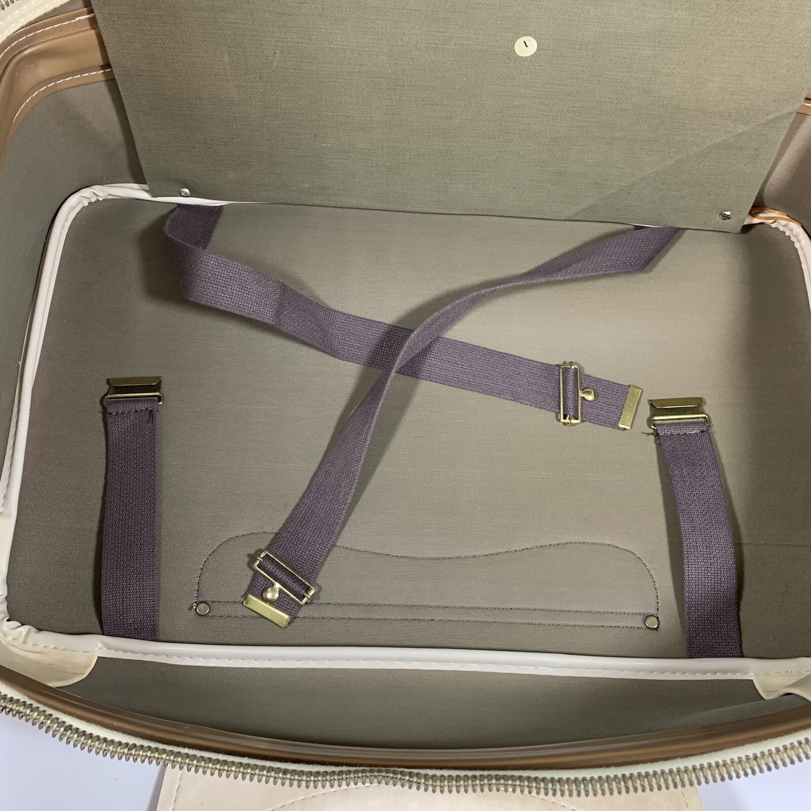 Vintage Retro Carry On Suitcase, Beige Faux Leather with MCM Fabric Panel, 21″ L