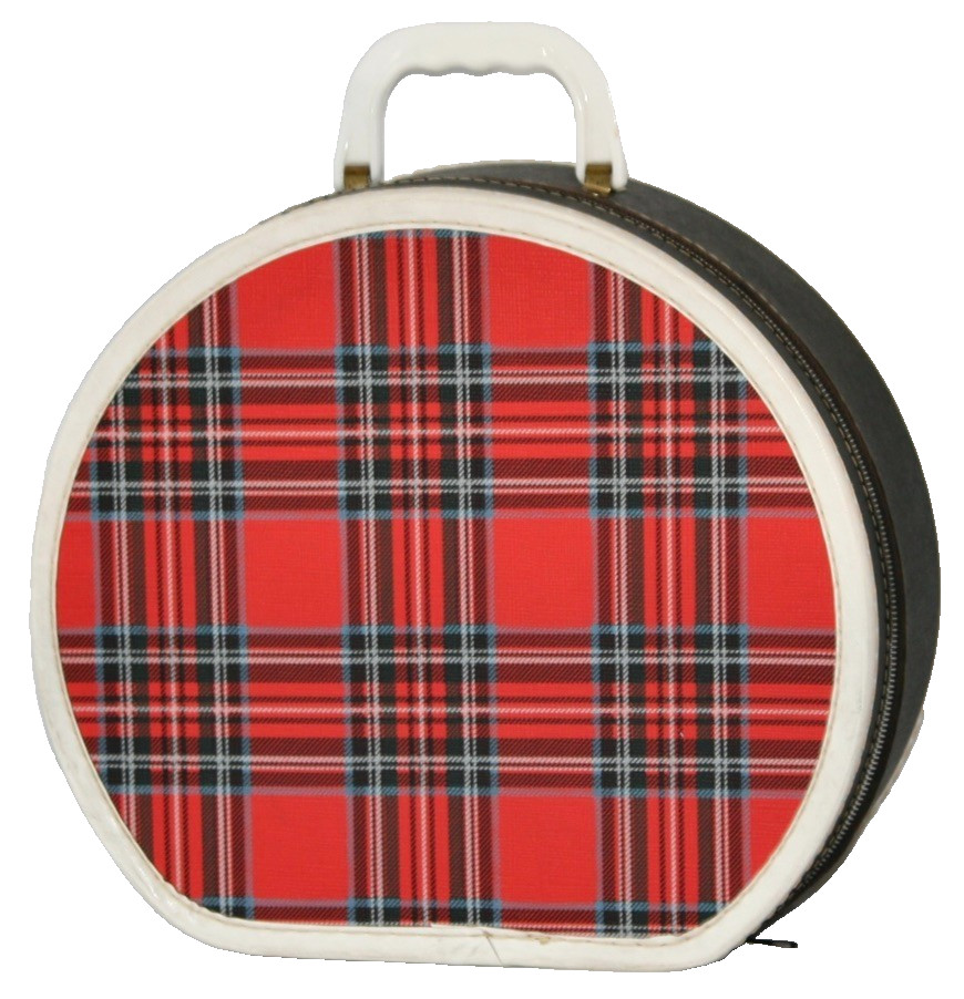 Round Train Case Red Black Gray White Tartan Plaid Zip Luggage 12.25 x 11 x 4.5