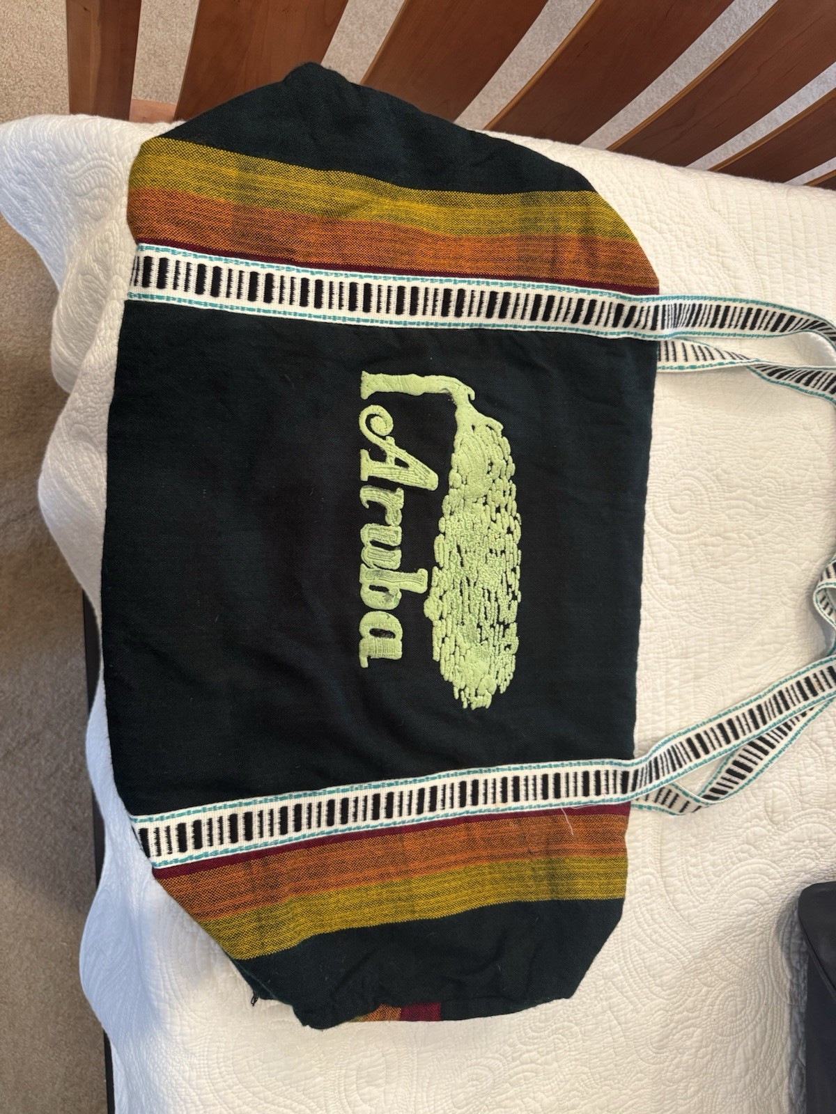 Vintage Aruba Handwoven Woven Fabric Duffel Weekender Travel Bag Embroidered