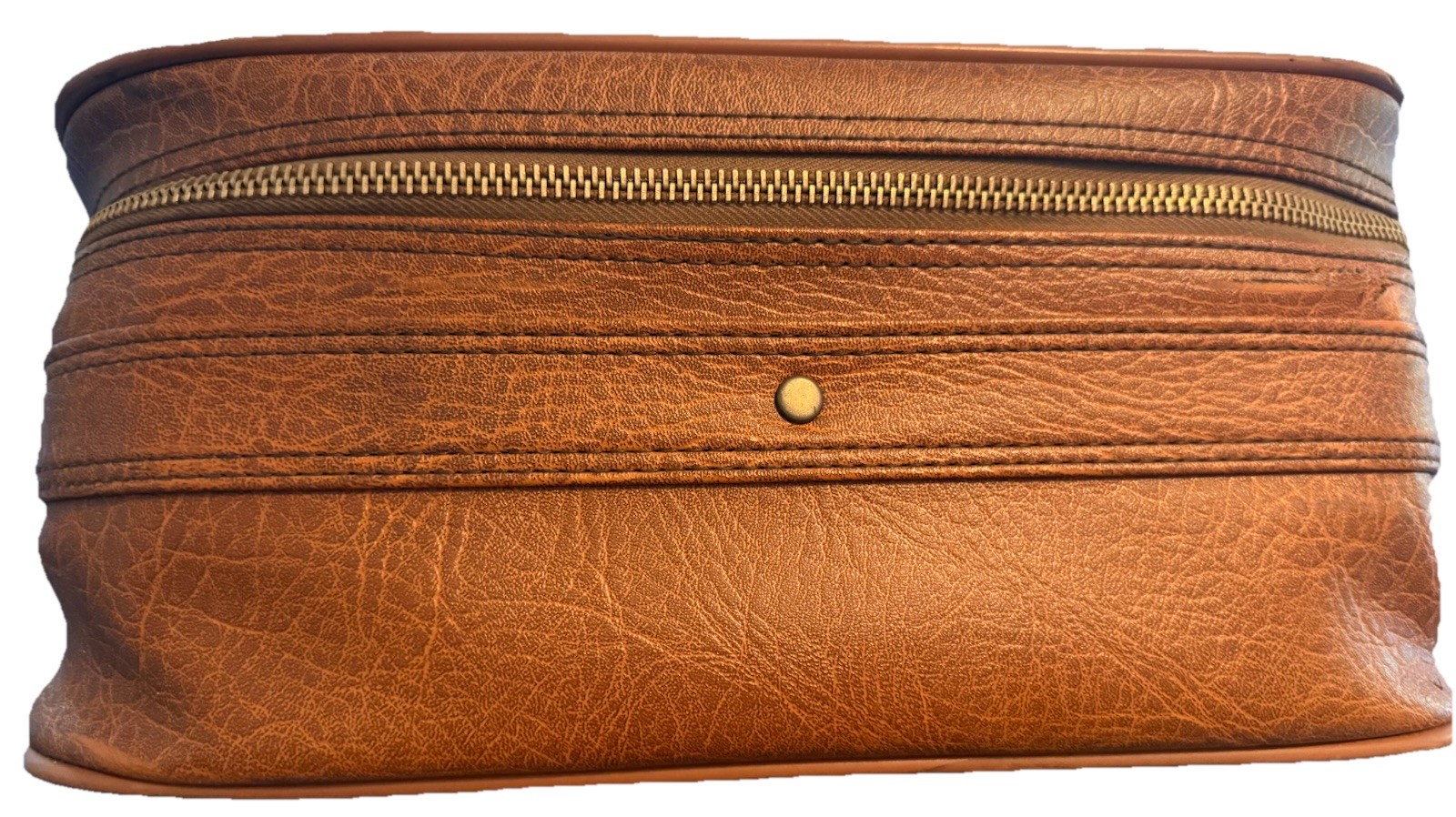 Vintage Unbranded Faux Leather Mid Century 1970’s Brown Belted Luggage23x15x6.5”