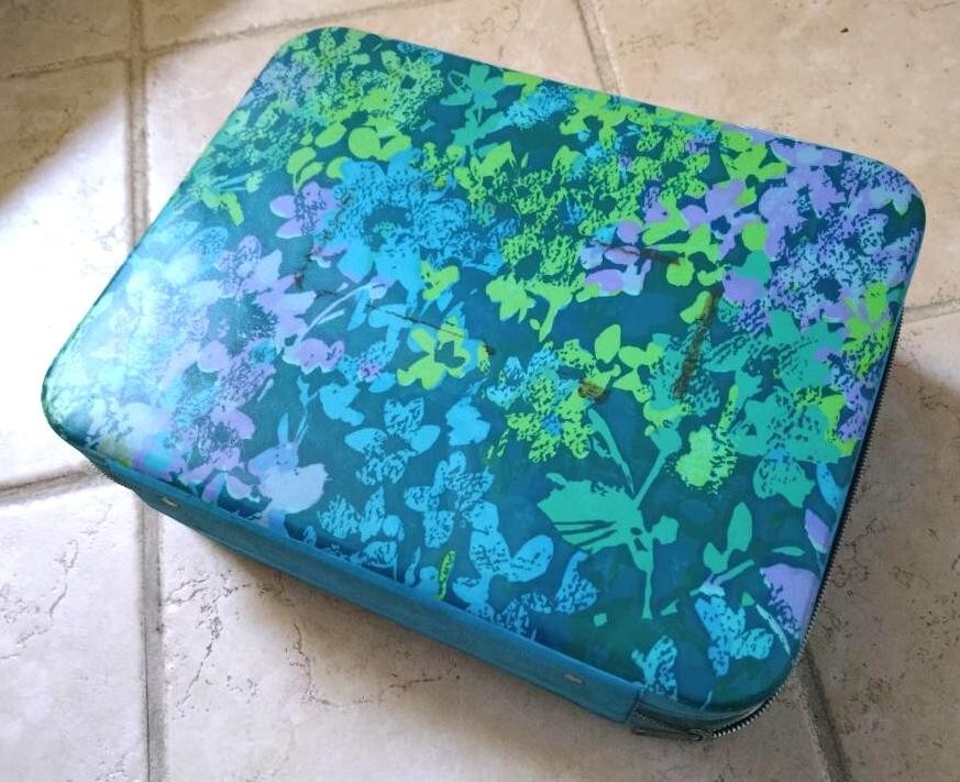 Vintage 1960s Small Floral Print Vinyl Travel Carry Hard Case Blue Green Purple