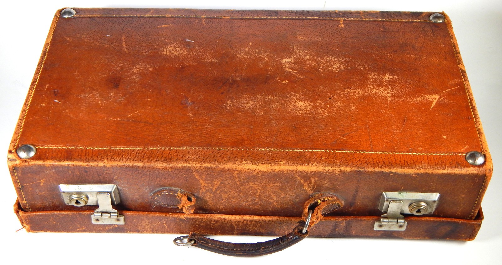 1930-50s LEATHER SUITCASE AGE PATINATION TRAVEL STICKERS EMBOSSED MONOGRAM 18×10