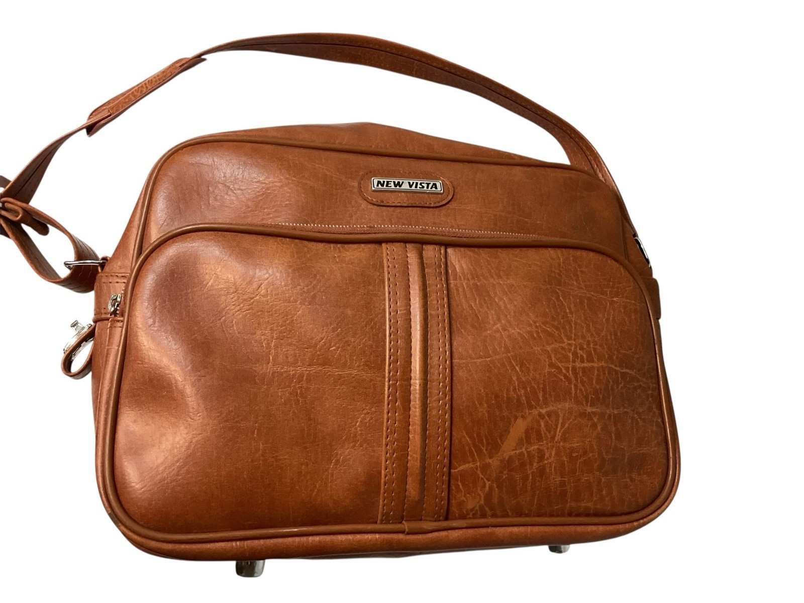 Vintage Faux Leather Vinyl Footed Travel Bag Carry On Luggage Saddle Brown Korea