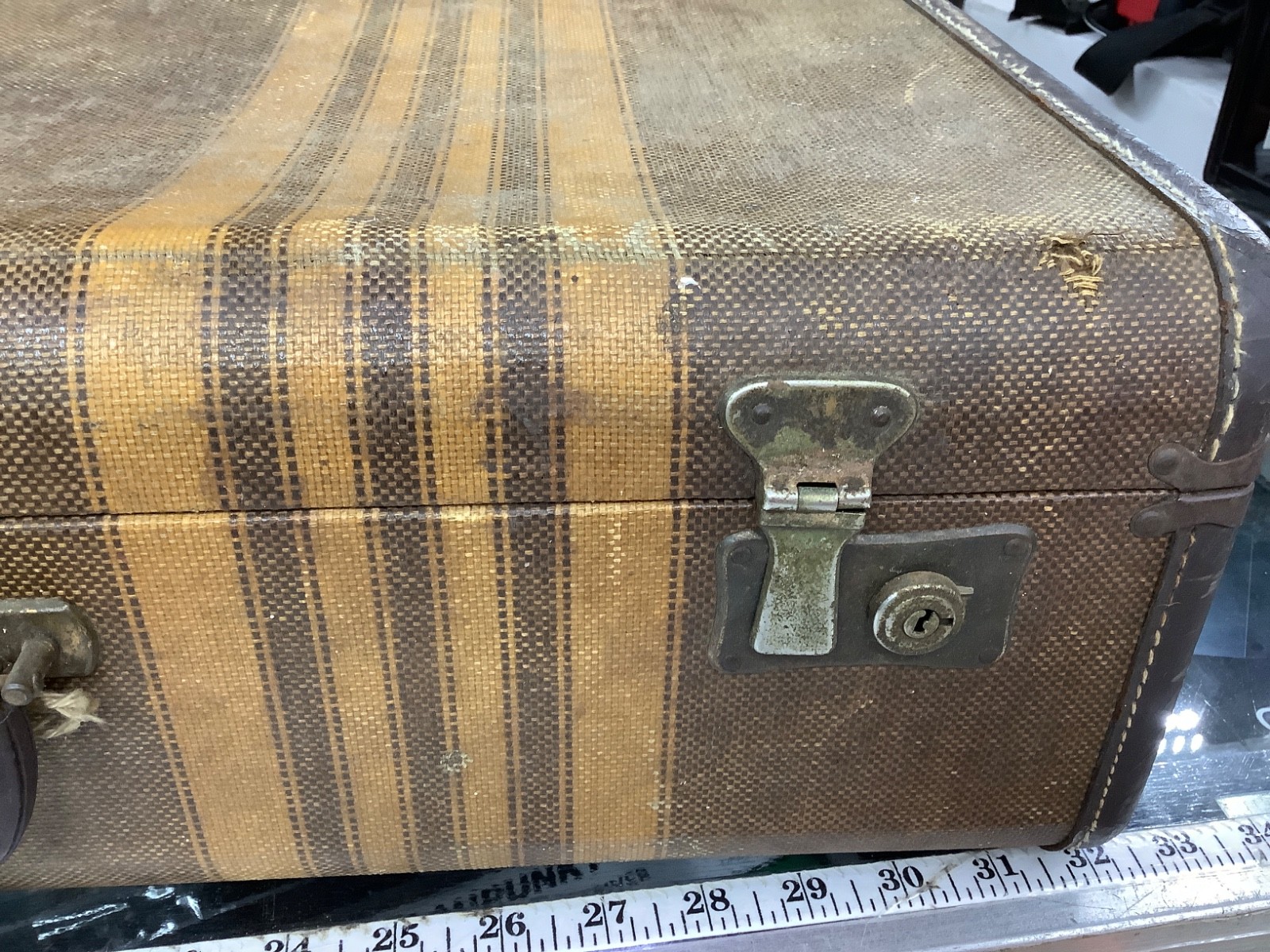 VINTAGE LUGGAGE, HARD SHELL TWEED EARLY TO MID 1900’S, BROWN STRIPES