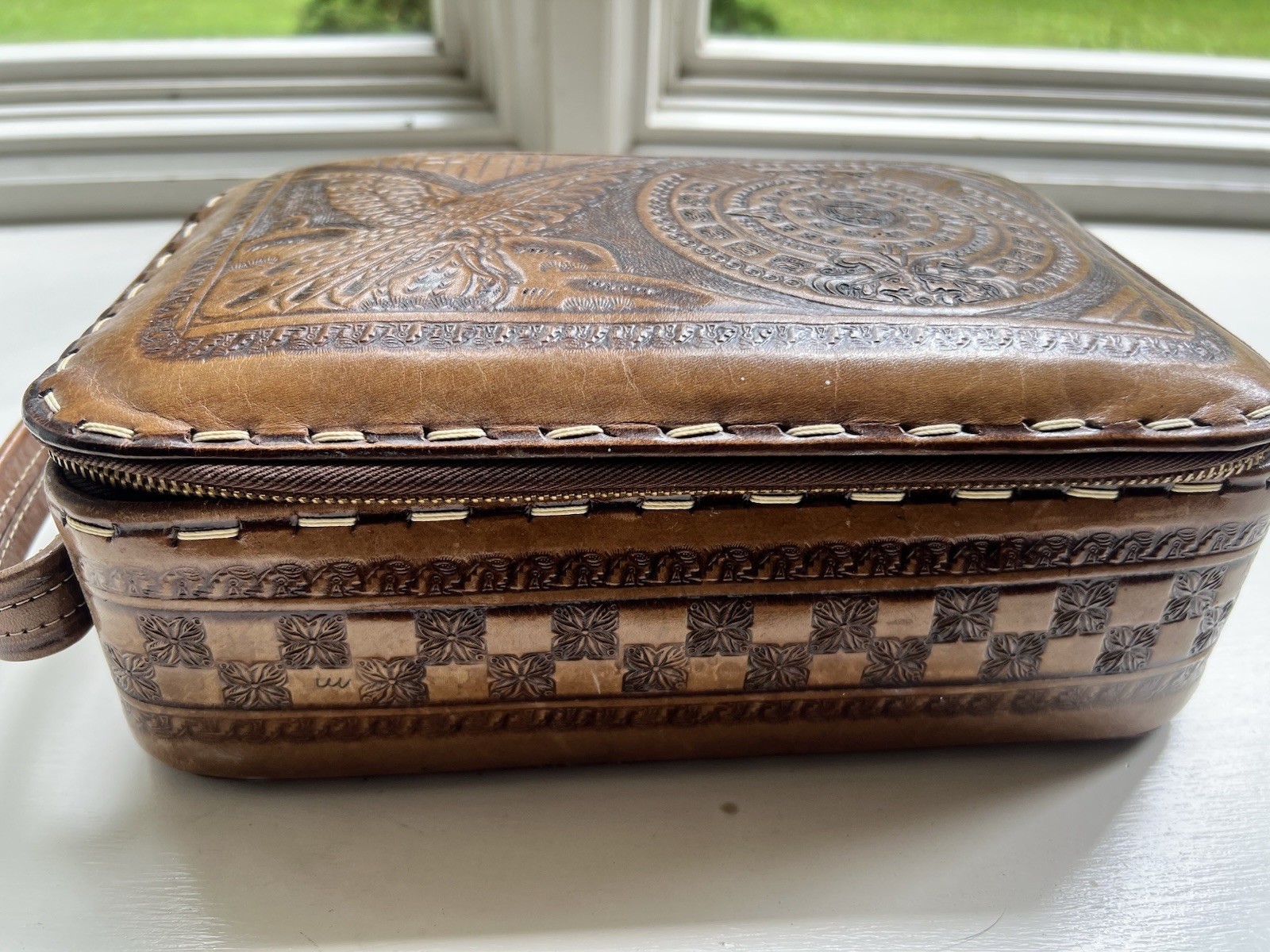 Antique Vintage 1930s Tooled Leather Toiletry Bag Great Condition Tiki Men Box