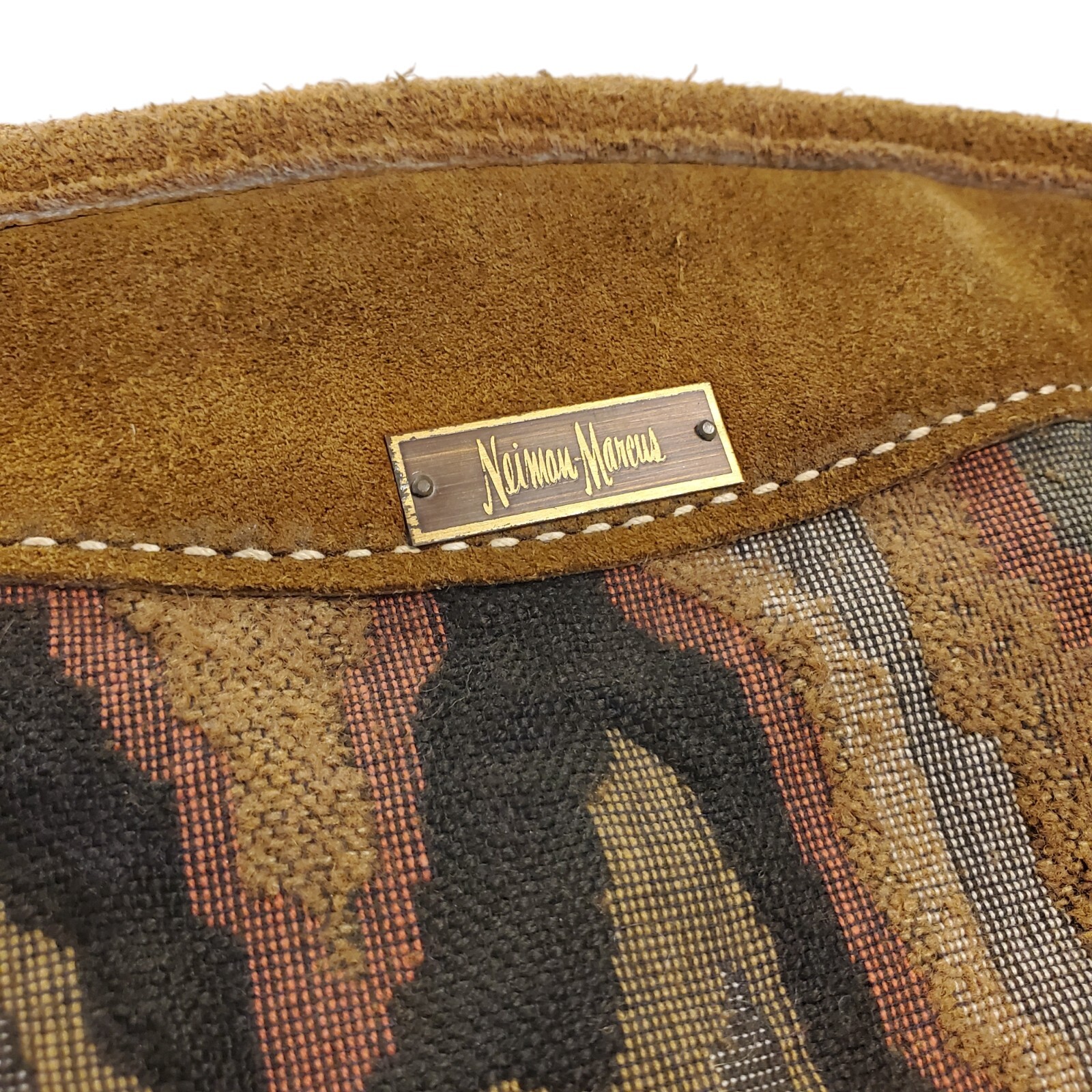 Vintage NEIMAN MARCUS Travel Bag Brown Suede Tapestry Geometric Oversize Padlock
