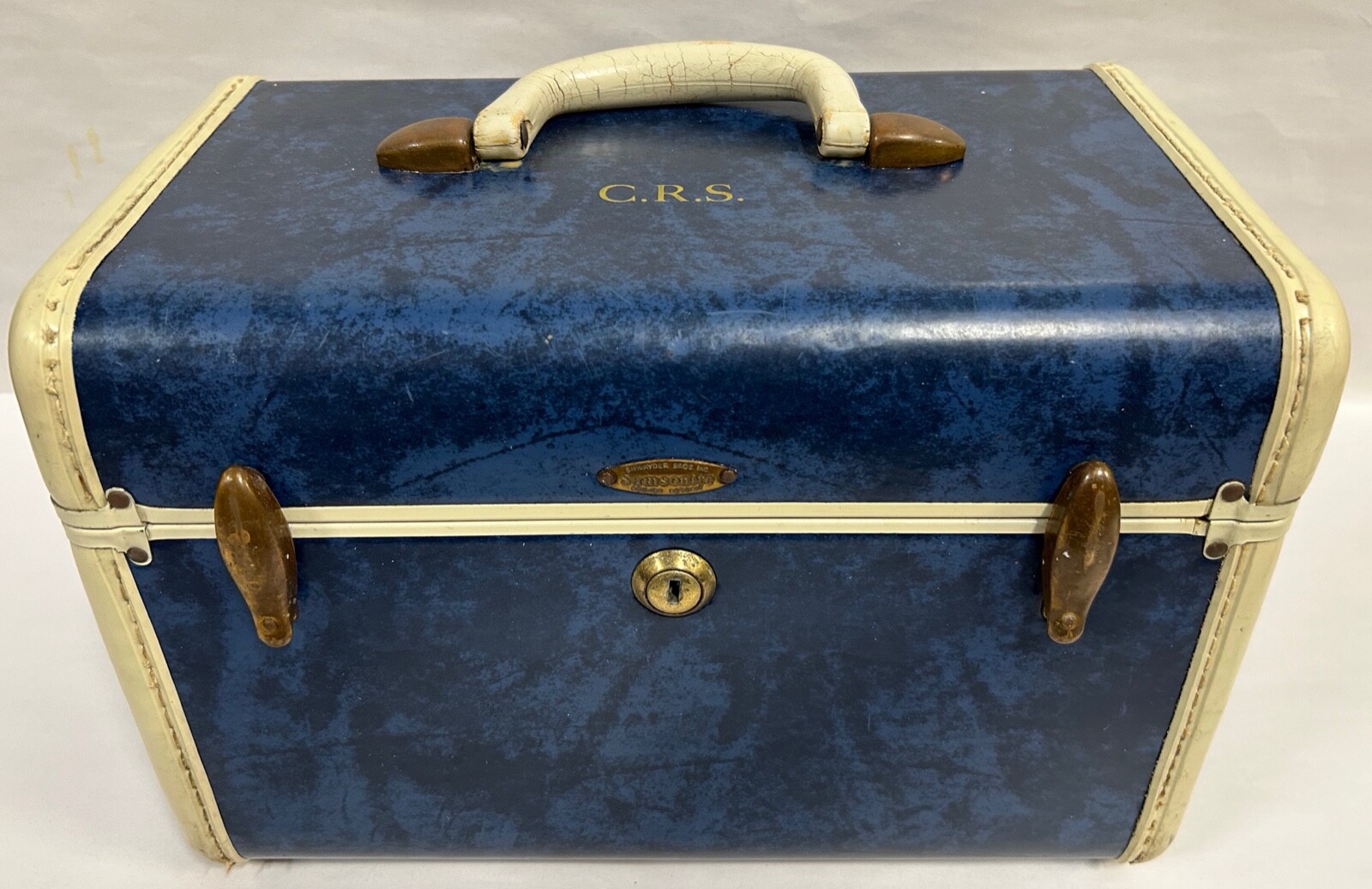 Vtg Samsonite Train Case Cosmetic Carry-on Case Faux Marbled Blue Motif (A20)
