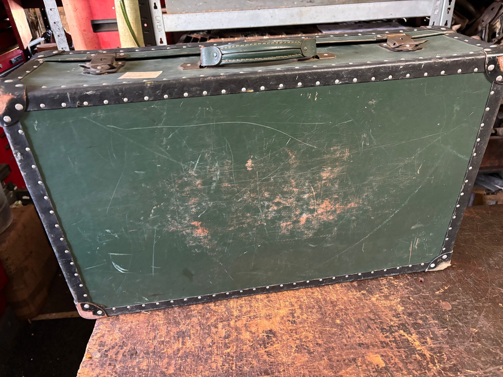 Antique Suitcase Riveted Binding Brass Hardware 1920’s Heritage Green & Black
