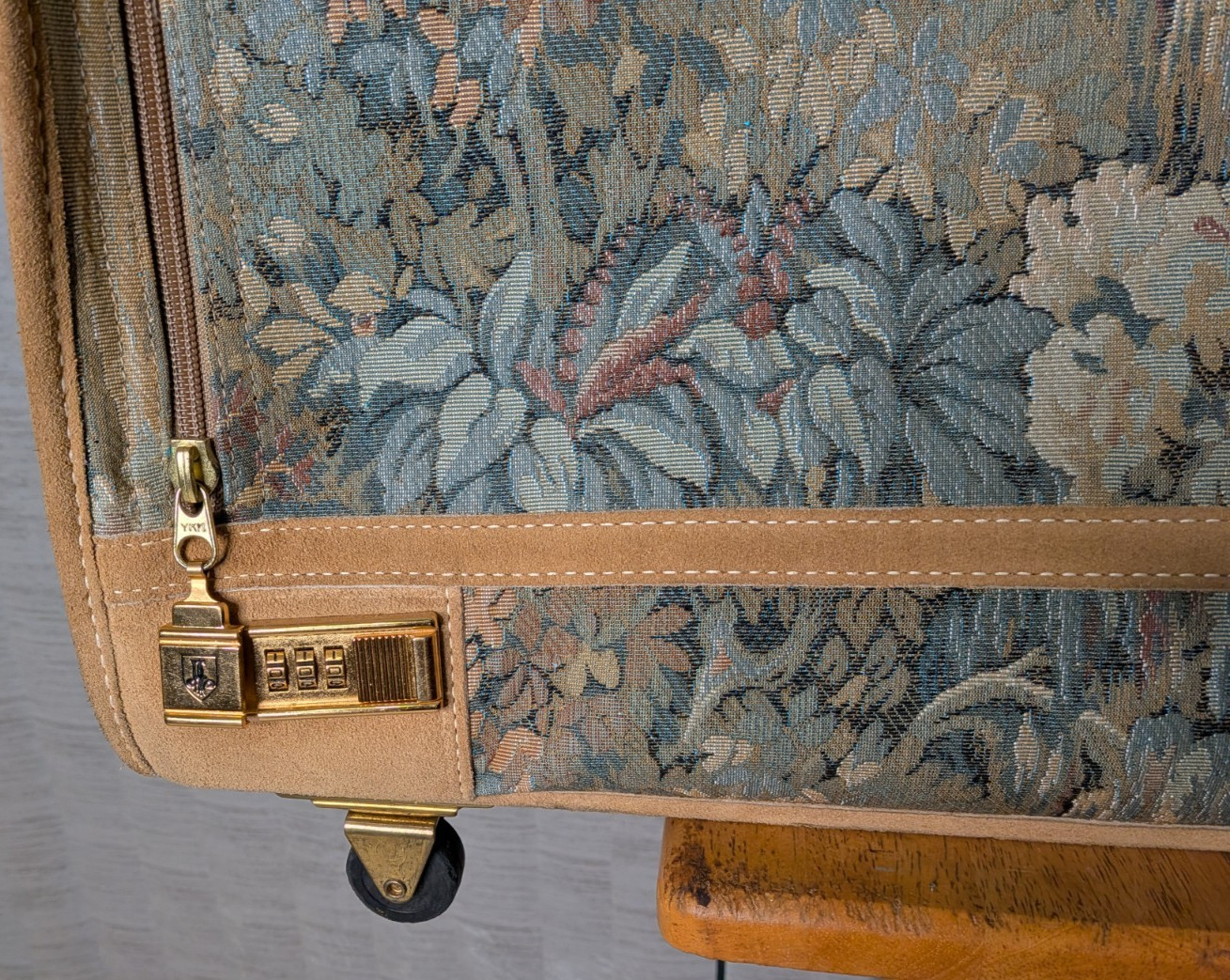 Vintage French Luggage Company Paradise Suede Tapestry Suitcase Made in USA