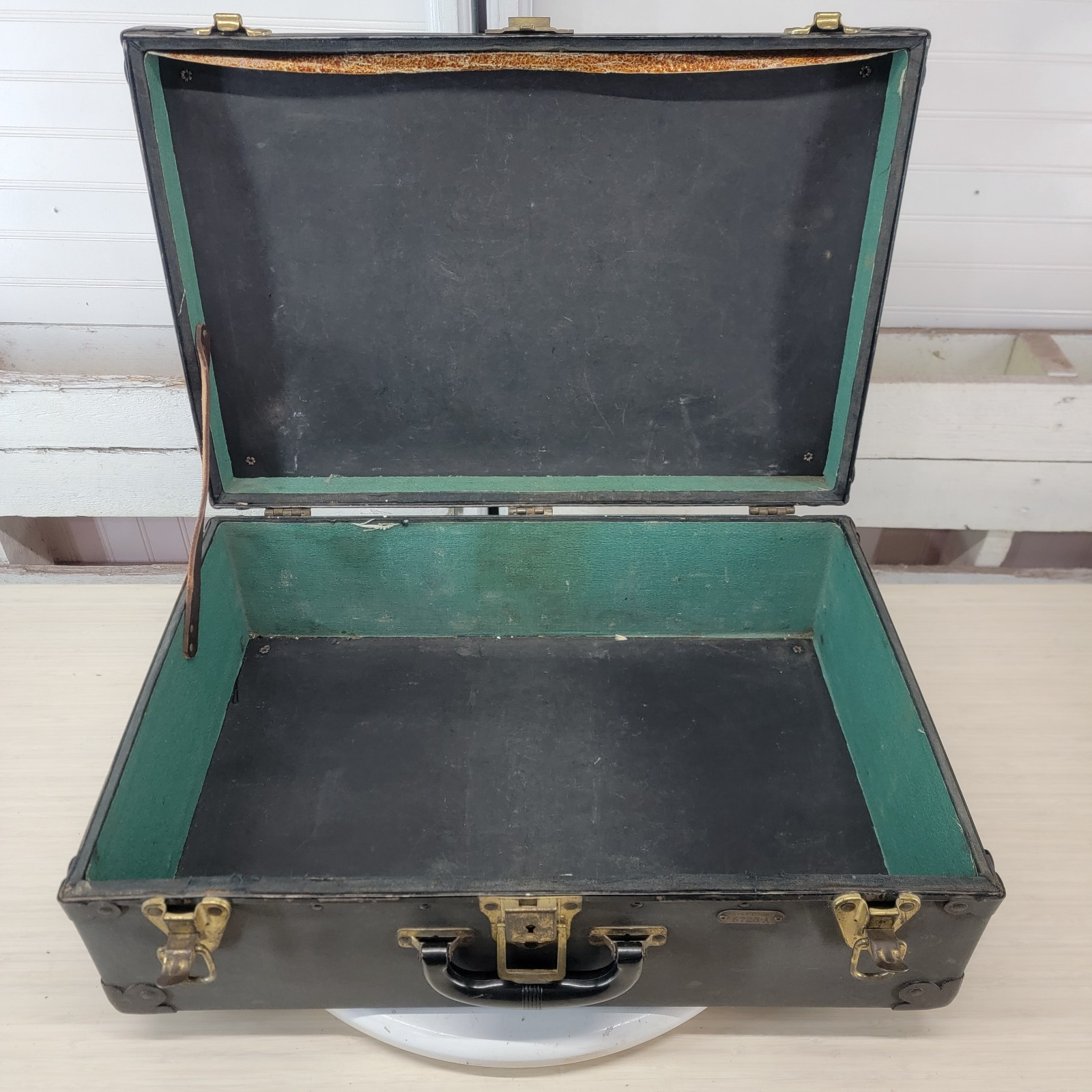 Vintage Suitcase Wayne County Tag Brass Hardware Storage Decor Case