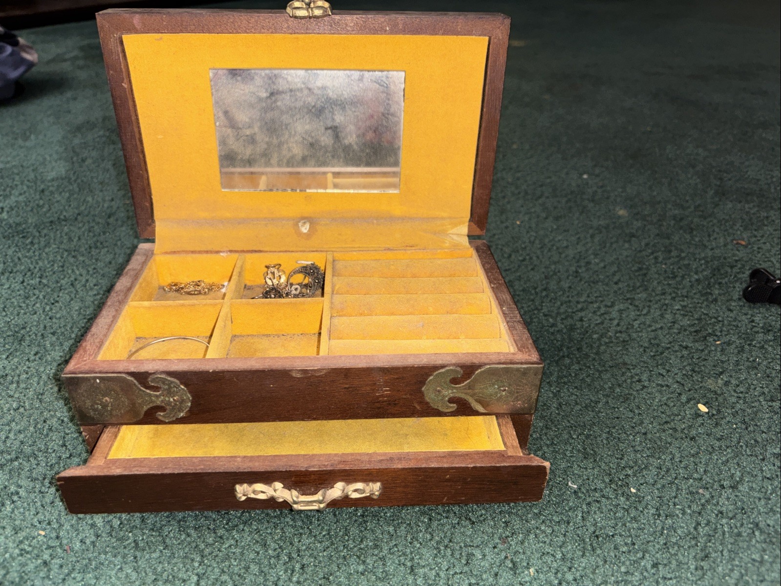 Vintage Wooden Mele Jewelry 1970’s With Gold Lining With Floral Cross Stitching