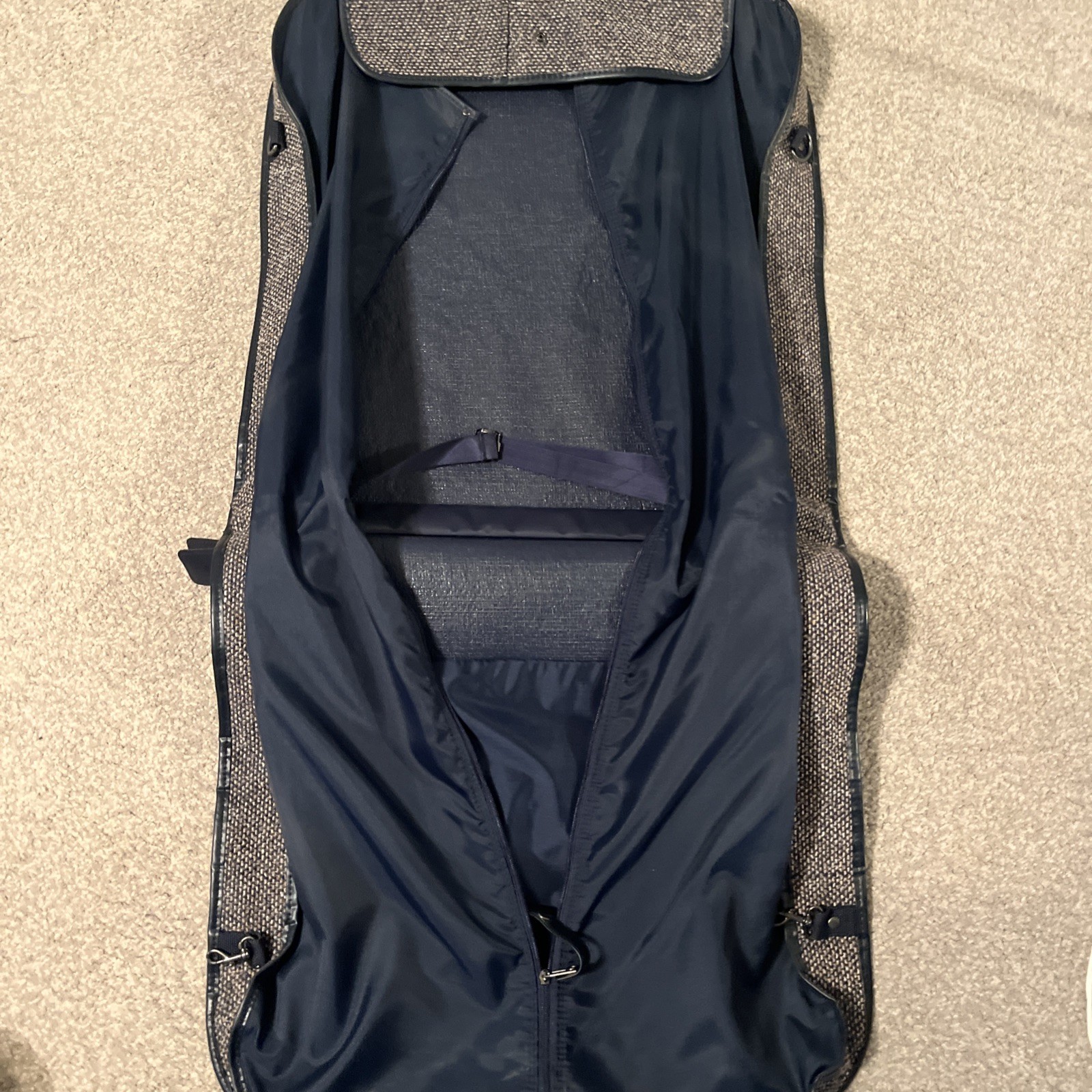 Vtg Samsonite Blue Tweed Garment Travel Bag ~ 2 Hangers EUC Strap, Pocket, Hang