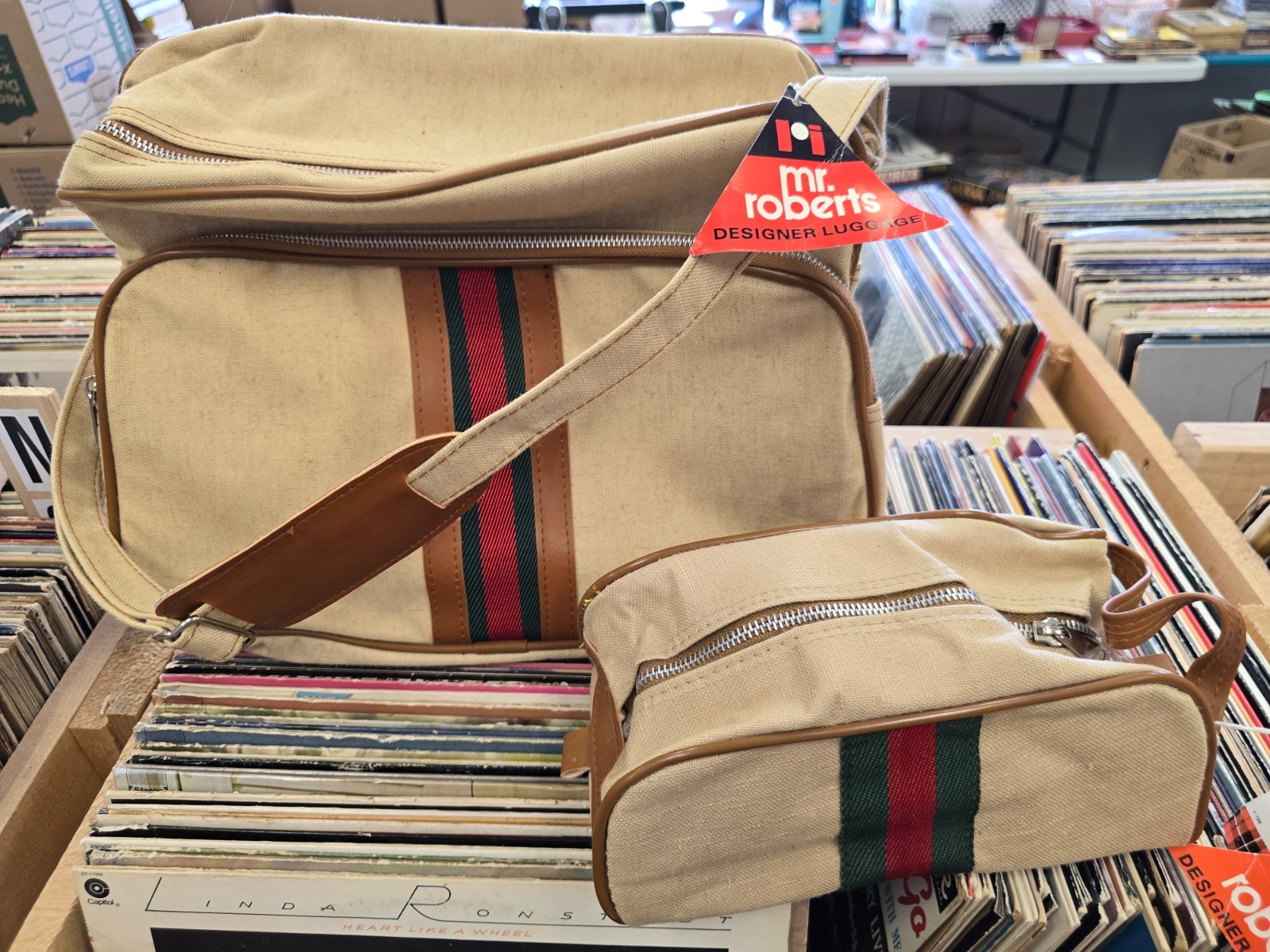 NOS Mr Roberts Vtg Beige Carry-On Travel Shoulder & Utility Kit “Status Stripe”
