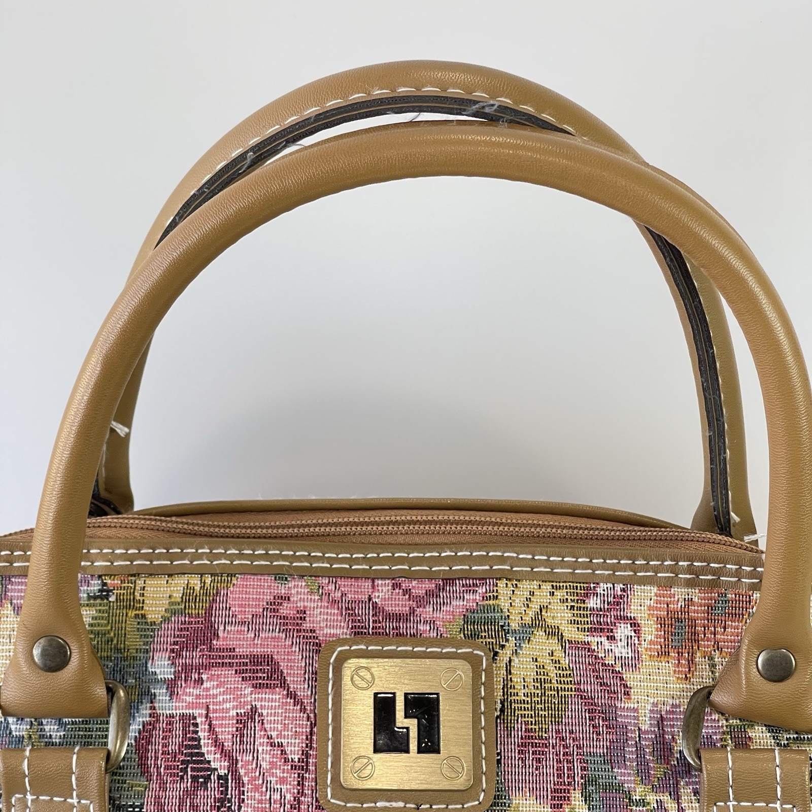 Vintage 80s Leisure Luggage Tapestry Floral & Tan Faux Leather Trim Duffle Bag