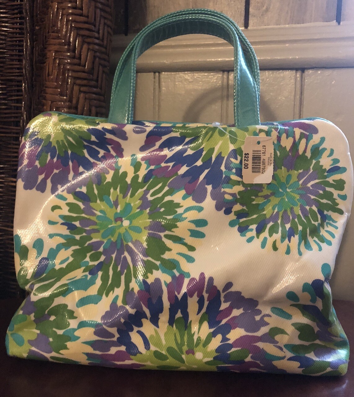 90s Vtg Bath & Body Works Vinyl Travel Bag Handles Green Purple Floral NWT Rare