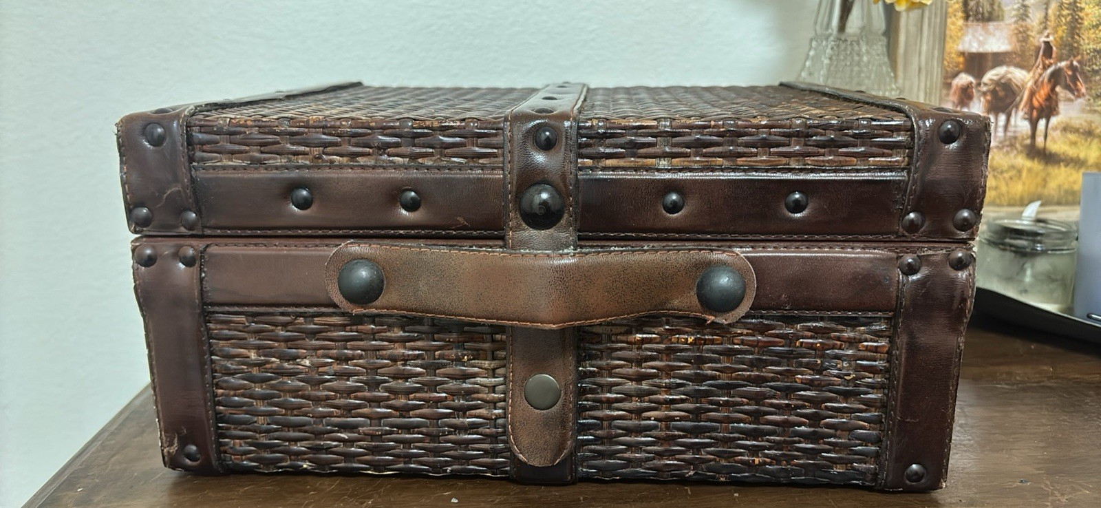 True Vintage Wicker Hard-Sided Suitcase w/ Top Handle, Brown,