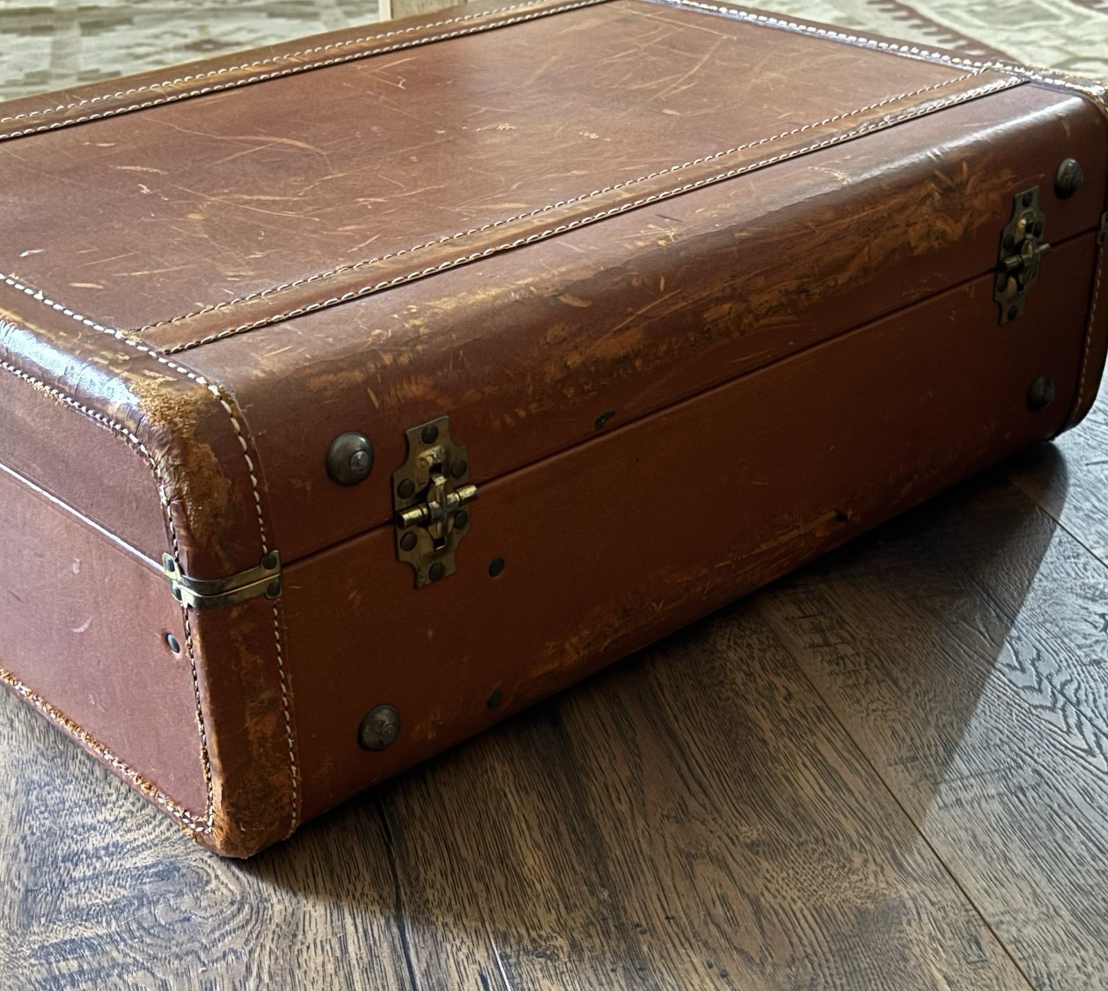 1940s Genuine Cowhide Leather Suitcase Tweed Interior Designer Prop Luggage ￼￼